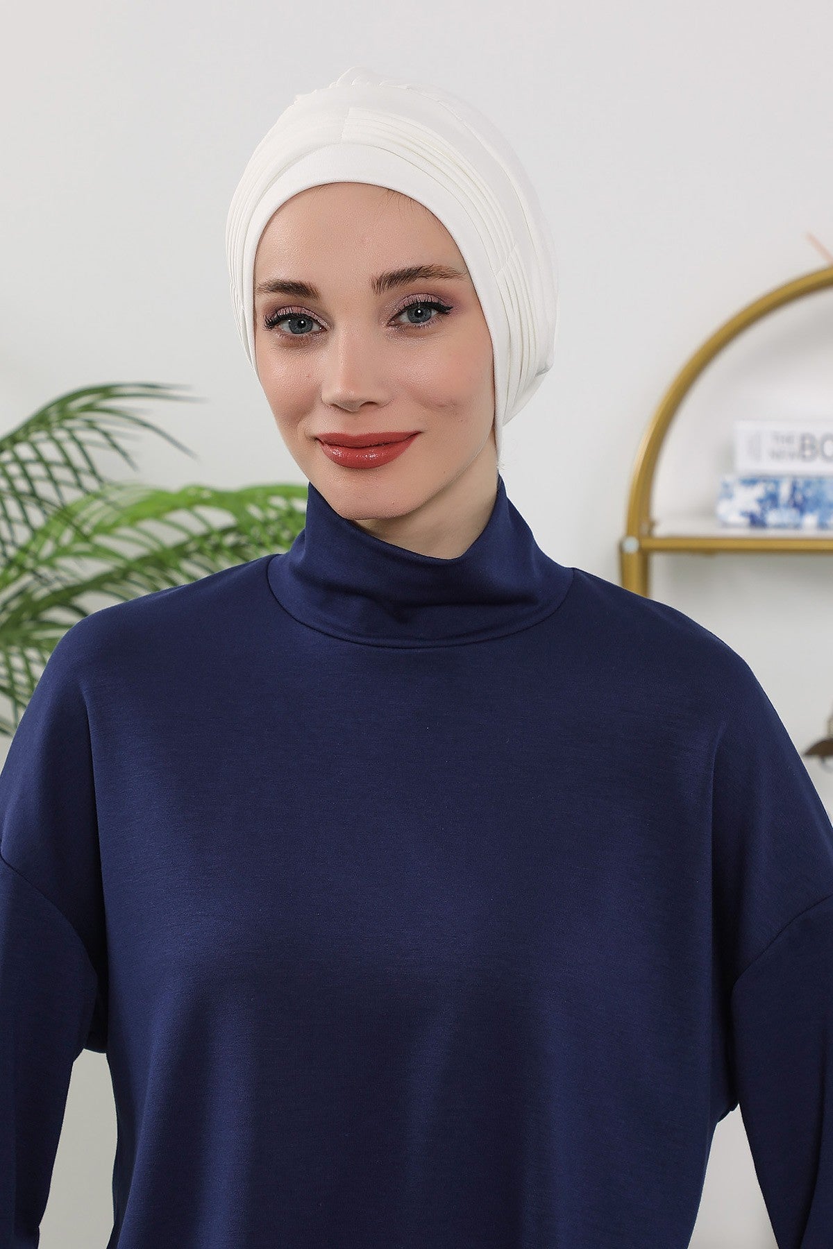 Pleated Instant Turban Hijab for Women, Soft Double Face Fabric Ready to Wear Modest Head Cover,B-19O Ecru