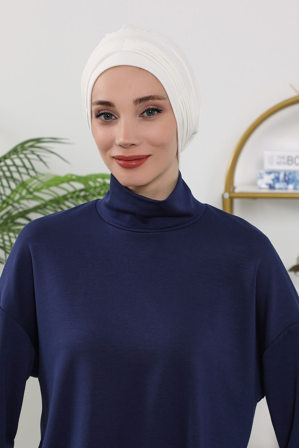 Pleated Instant Turban Hijab for Women, Soft Double Face Fabric Ready to Wear Modest Head Cover,B-19O Ecru