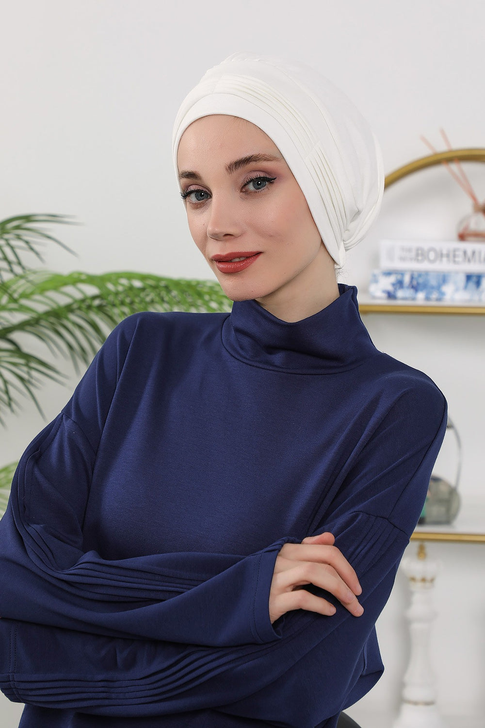 Pleated Instant Turban Hijab for Women, Soft Double Face Fabric Ready to Wear Modest Head Cover,B-19O Ecru