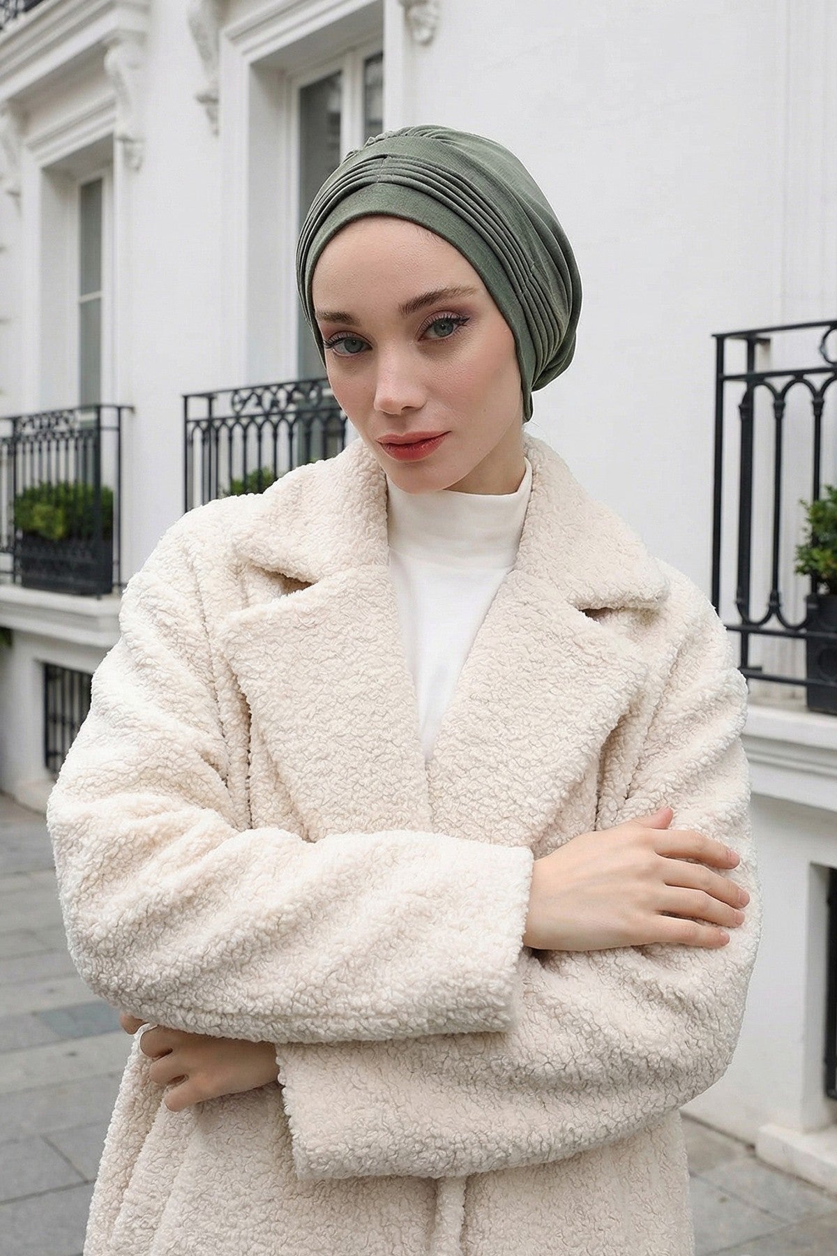 Pleated Instant Turban Hijab for Women, Soft Double Face Fabric Ready to Wear Modest Head Cover,B-19O Army Green