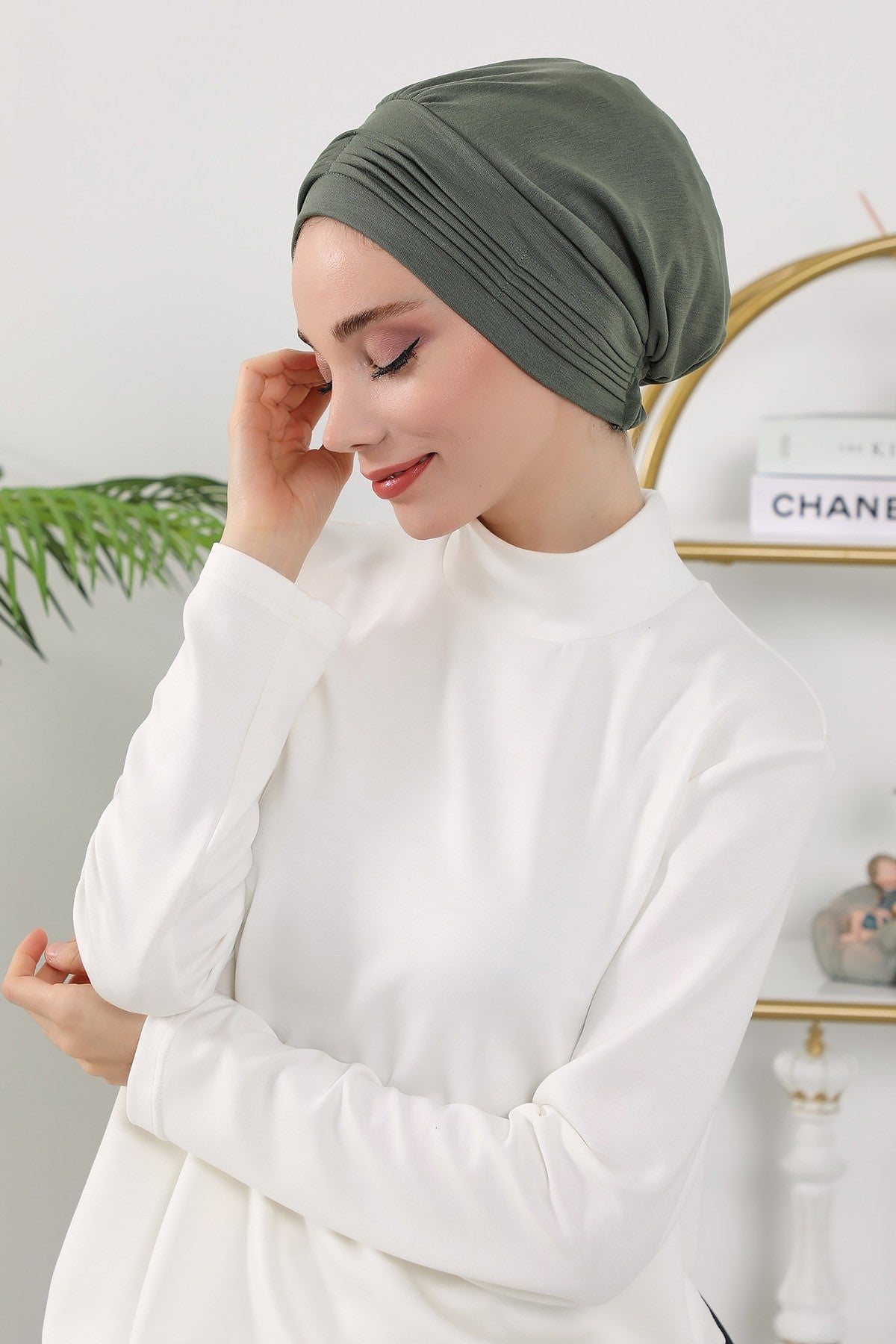 Pleated Instant Turban Hijab for Women, Soft Double Face Fabric Ready to Wear Modest Head Cover,B-19O Army Green
