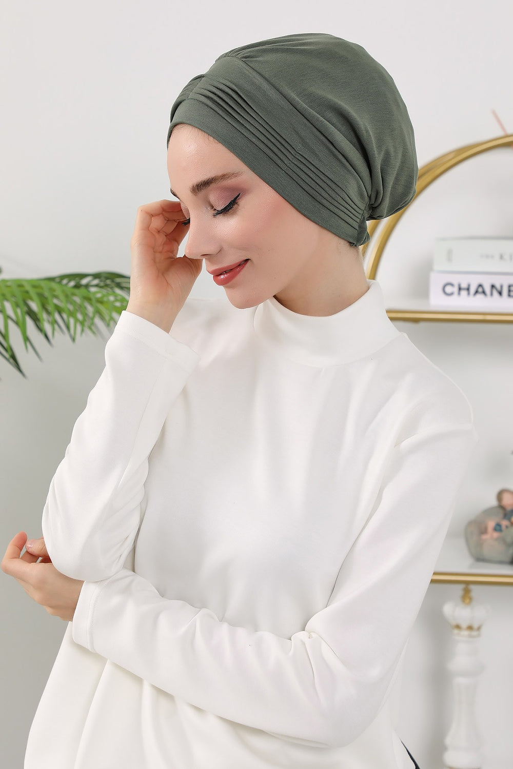 Pleated Instant Turban Hijab for Women, Soft Double Face Fabric Ready to Wear Modest Head Cover,B-19O Army Green