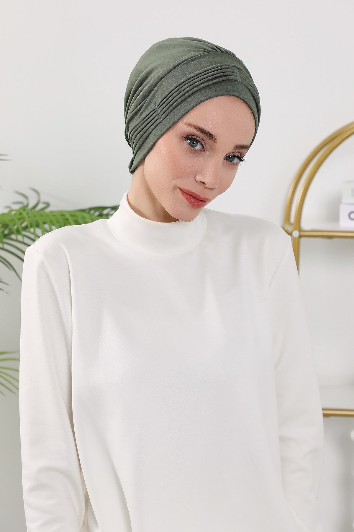 Pleated Instant Turban Hijab for Women, Soft Double Face Fabric Ready to Wear Modest Head Cover,B-19O Army Green