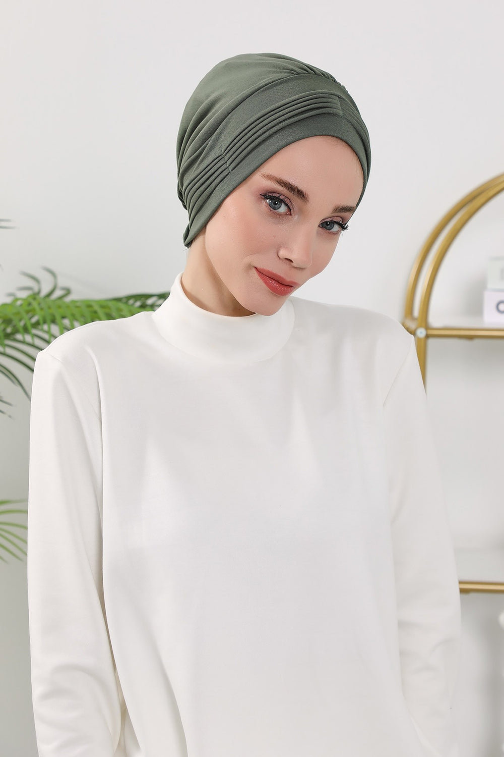 Pleated Instant Turban Hijab for Women, Soft Double Face Fabric Ready to Wear Modest Head Cover,B-19O Army Green