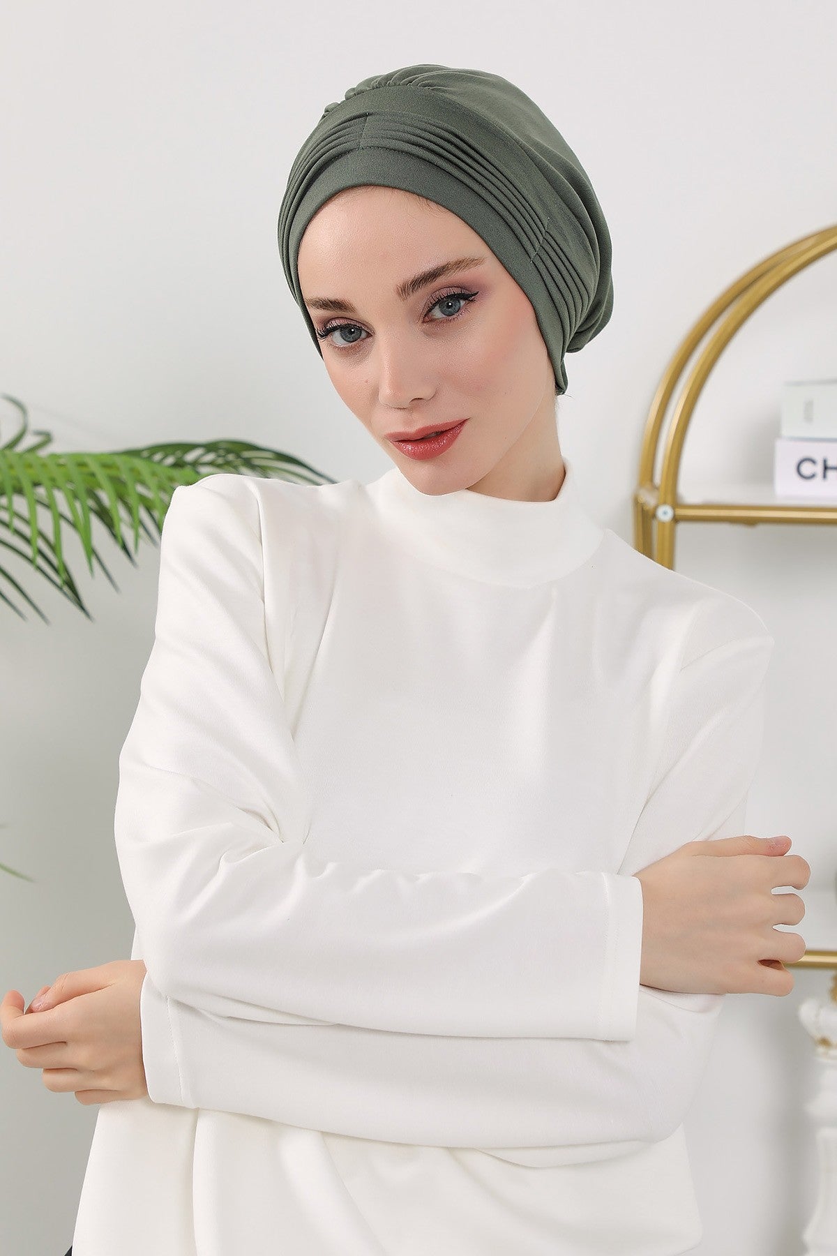 Pleated Instant Turban Hijab for Women, Soft Double Face Fabric Ready to Wear Modest Head Cover,B-19O Army Green