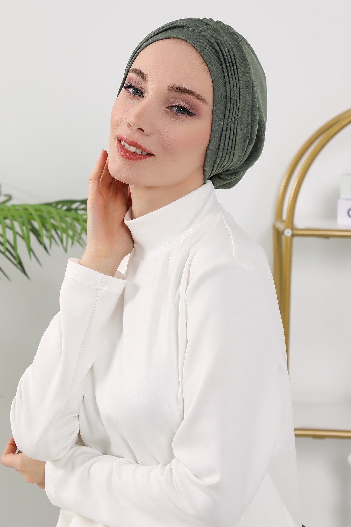 Pleated Instant Turban Hijab for Women, Soft Double Face Fabric Ready to Wear Modest Head Cover,B-19O Army Green