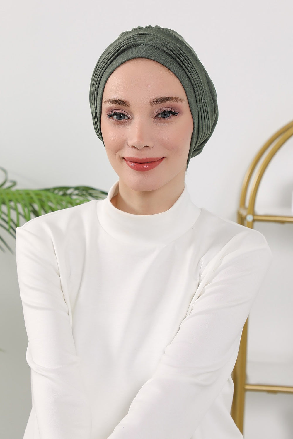 Pleated Instant Turban Hijab for Women, Soft Double Face Fabric Ready to Wear Modest Head Cover,B-19O Army Green