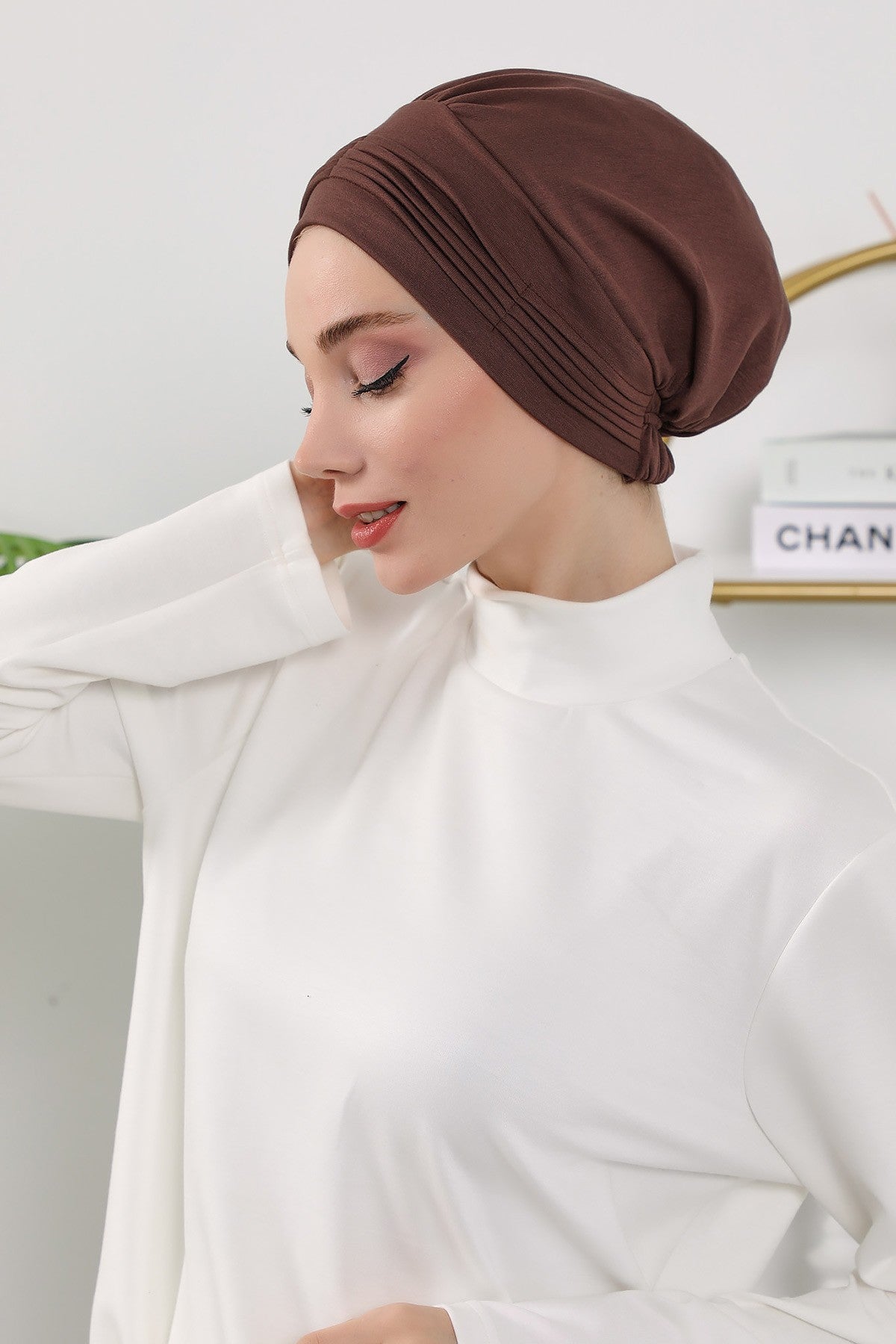 Pleated Instant Turban Hijab for Women, Soft Double Face Fabric Ready to Wear Modest Head Cover,B-19O Brown