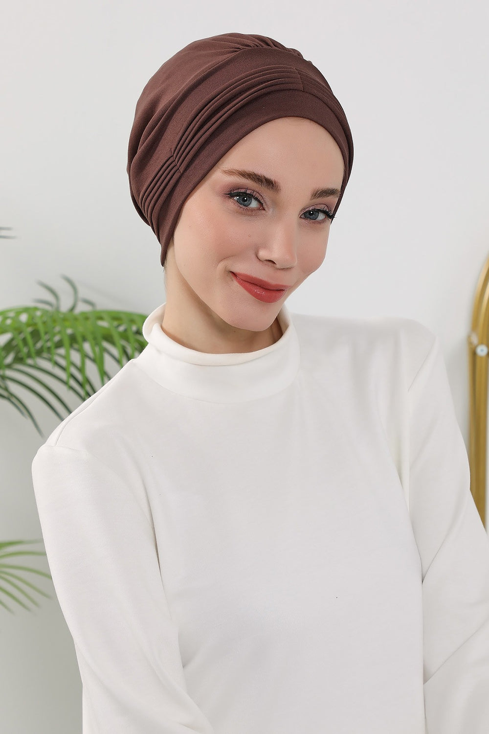 Pleated Instant Turban Hijab for Women, Soft Double Face Fabric Ready to Wear Modest Head Cover,B-19O Brown
