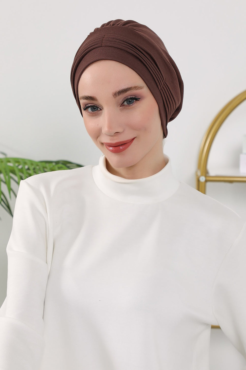 Pleated Instant Turban Hijab for Women, Soft Double Face Fabric Ready to Wear Modest Head Cover,B-19O Brown