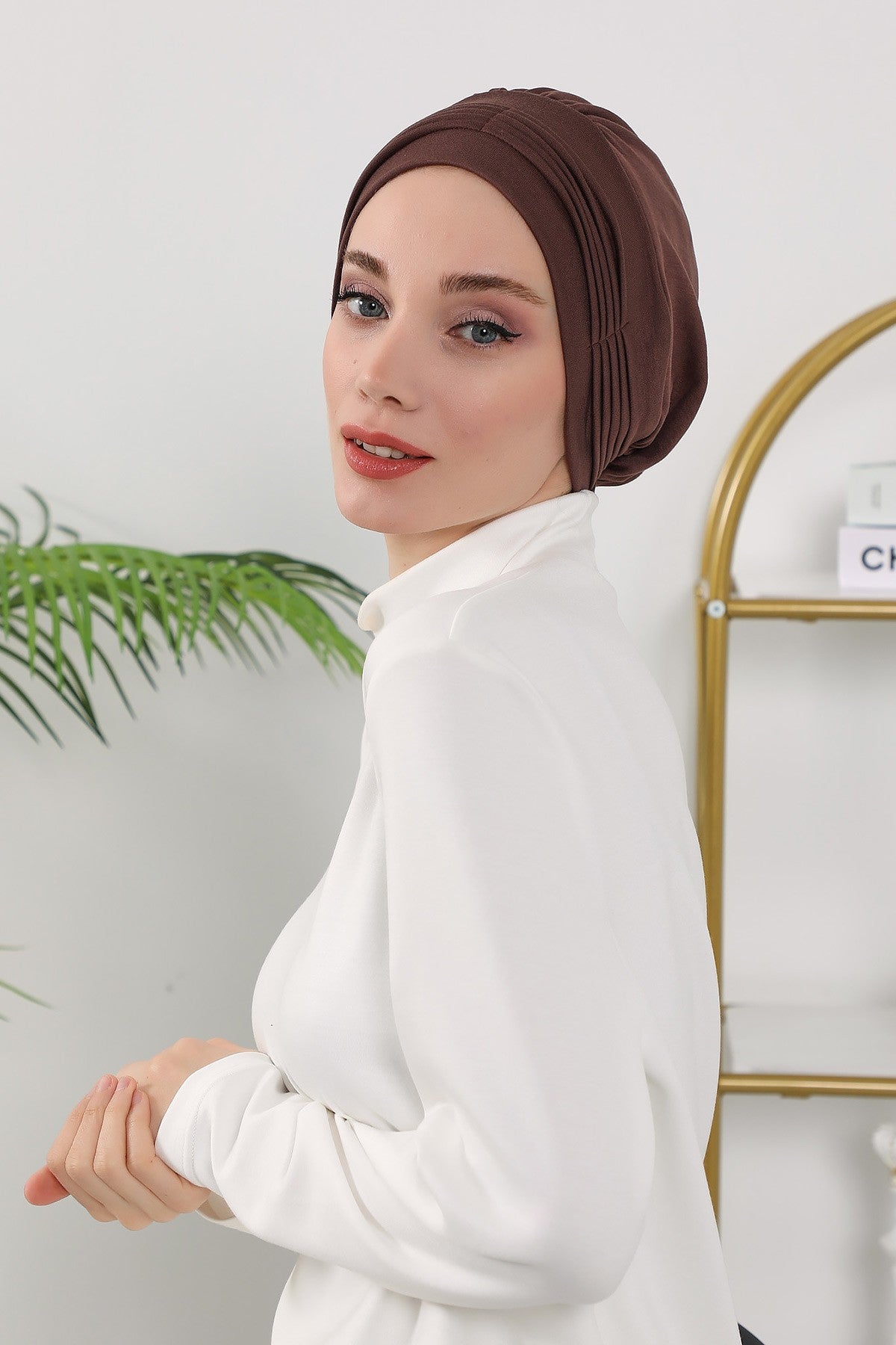 Pleated Instant Turban Hijab for Women, Soft Double Face Fabric Ready to Wear Modest Head Cover,B-19O Brown