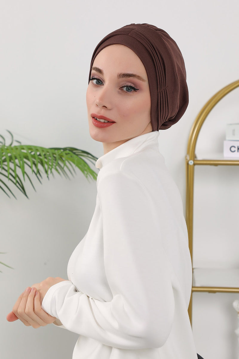 Pleated Instant Turban Hijab for Women, Soft Double Face Fabric Ready to Wear Modest Head Cover,B-19O