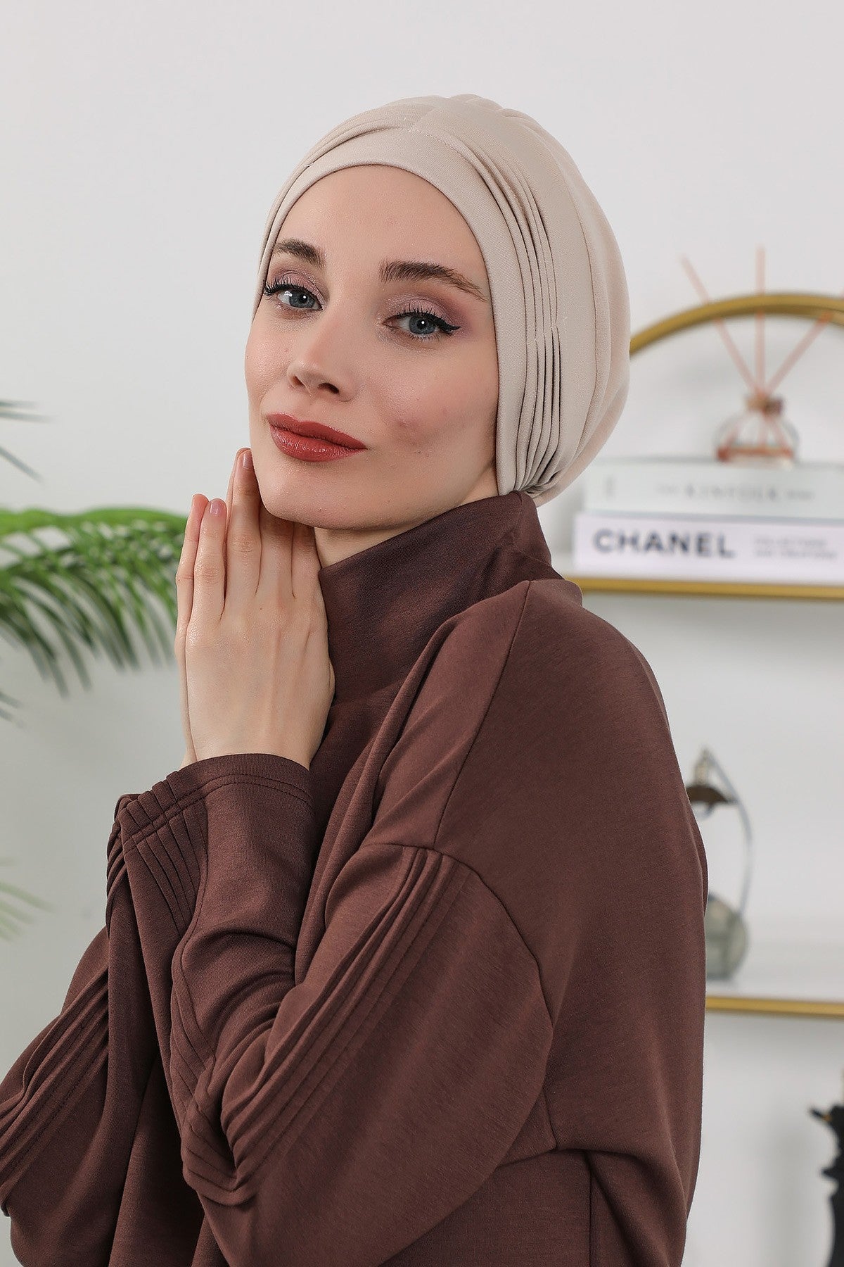 Pleated Instant Turban Hijab for Women, Soft Double Face Fabric Ready to Wear Modest Head Cover,B-19O Beige