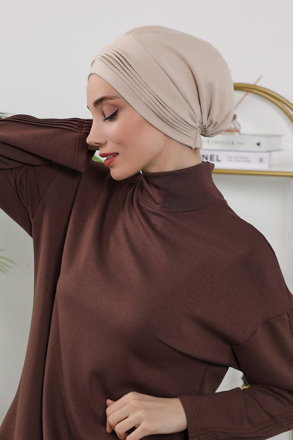 Pleated Instant Turban Hijab for Women, Soft Double Face Fabric Ready to Wear Modest Head Cover,B-19O Beige