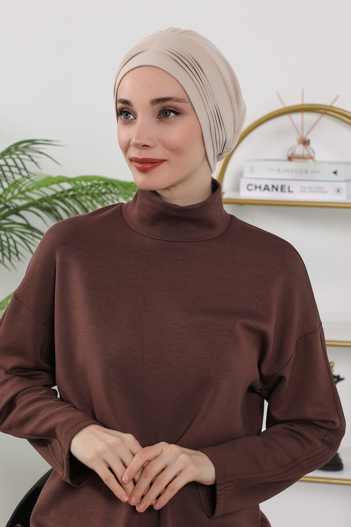 Pleated Instant Turban Hijab for Women, Soft Double Face Fabric Ready to Wear Modest Head Cover,B-19O Beige