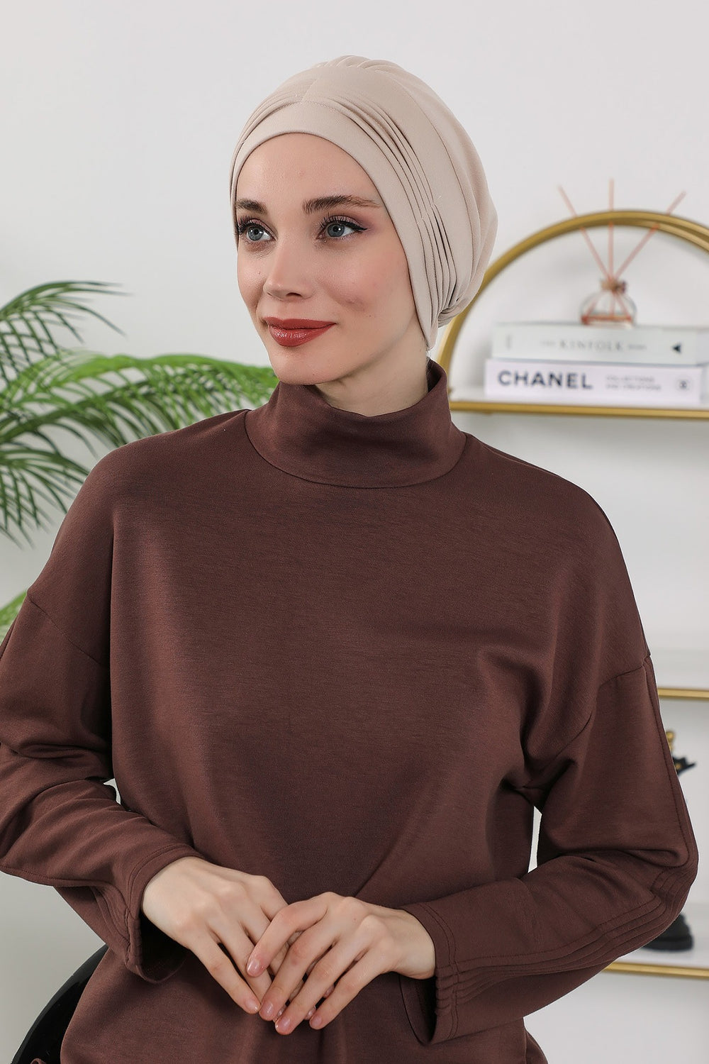 Pleated Instant Turban Hijab for Women, Soft Double Face Fabric Ready to Wear Modest Head Cover,B-19O Beige