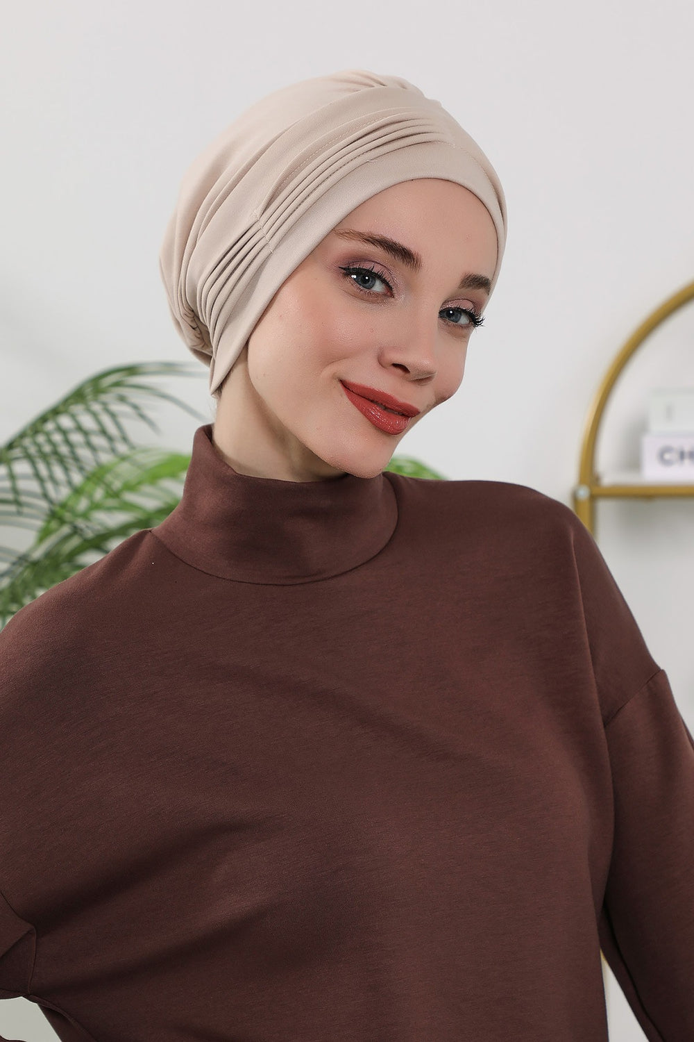 Pleated Instant Turban Hijab for Women, Soft Double Face Fabric Ready to Wear Modest Head Cover,B-19O Beige