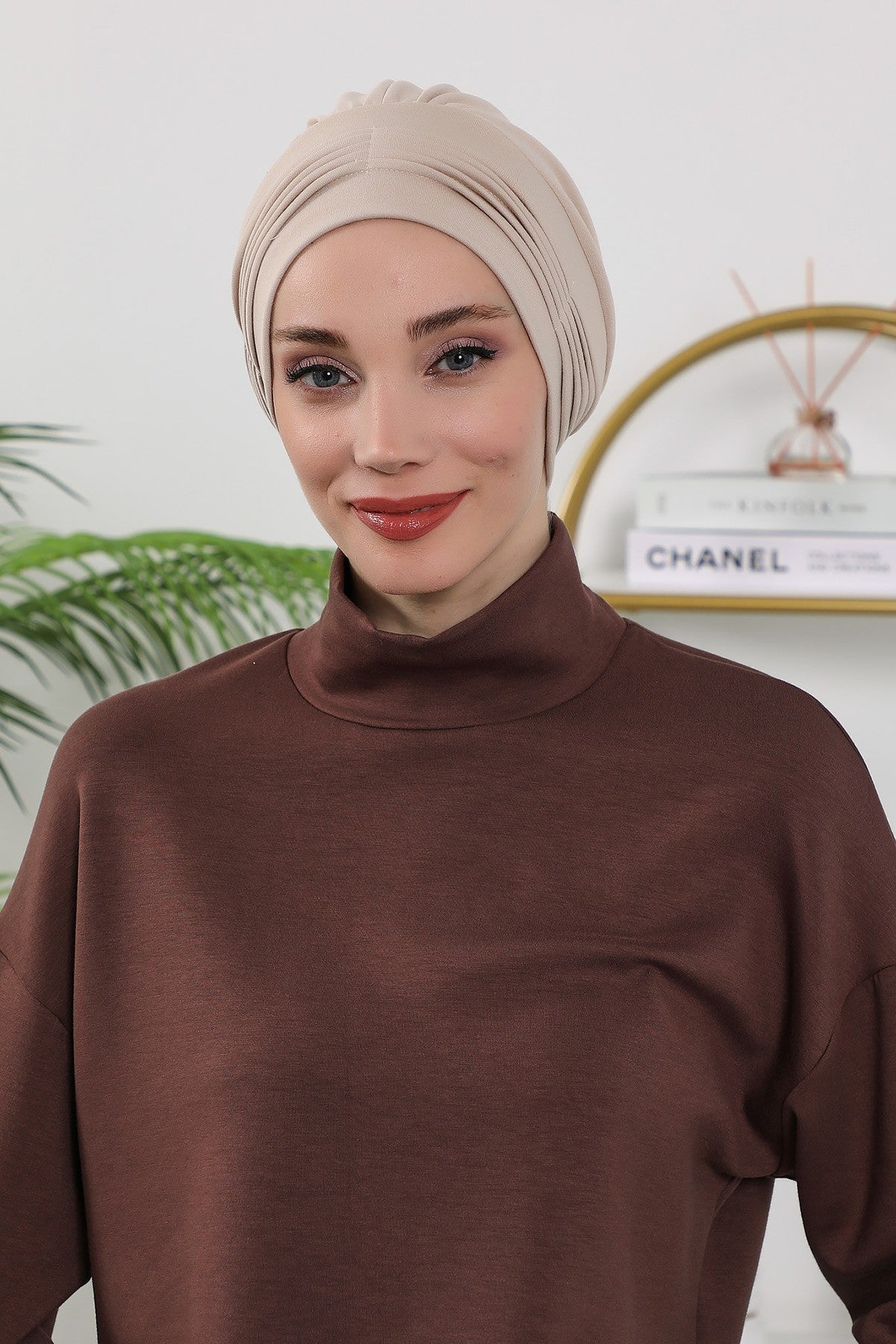 Pleated Instant Turban Hijab for Women, Soft Double Face Fabric Ready to Wear Modest Head Cover,B-19O Beige