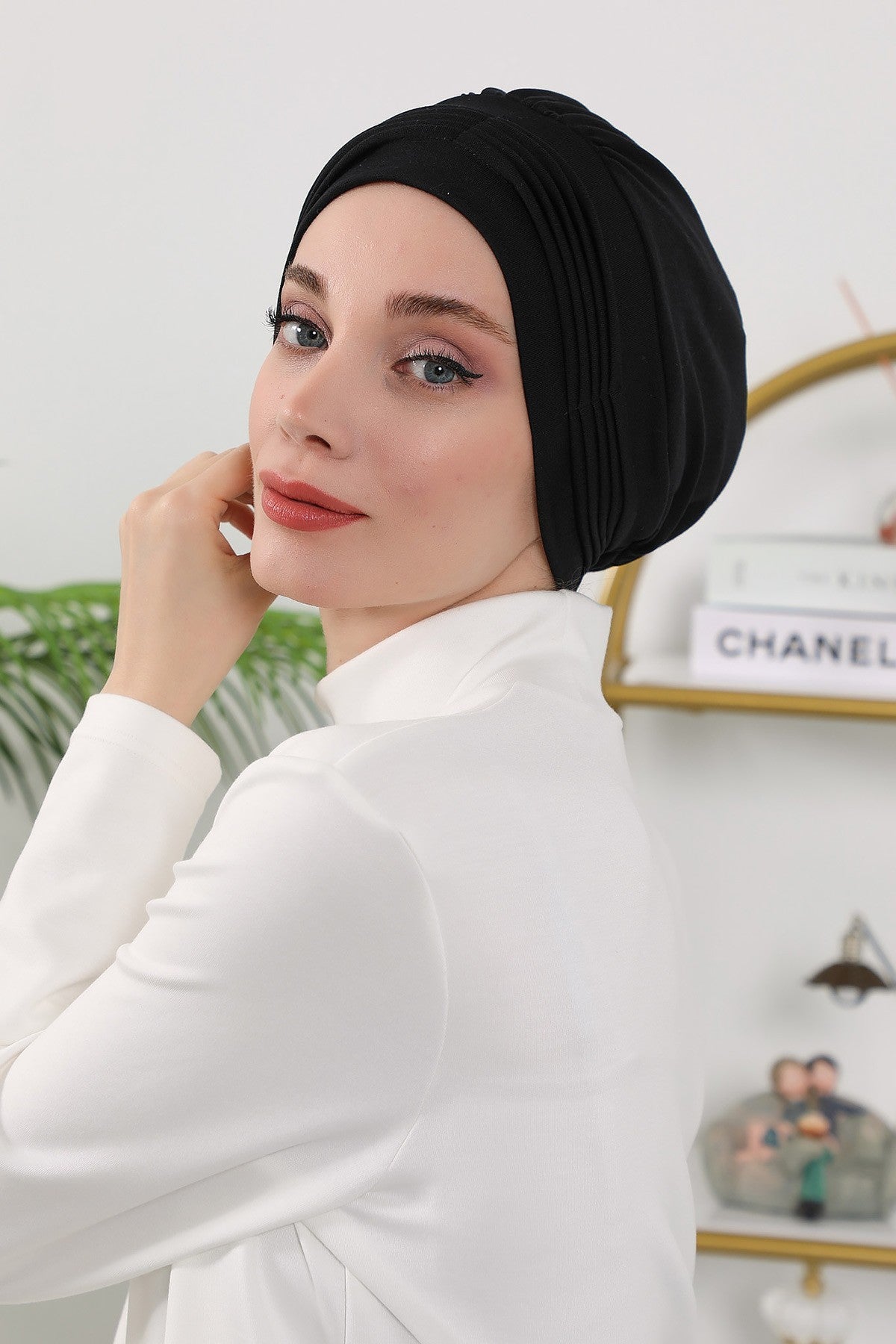 Pleated Instant Turban Hijab for Women, Soft Double Face Fabric Ready to Wear Modest Head Cover,B-19O Black