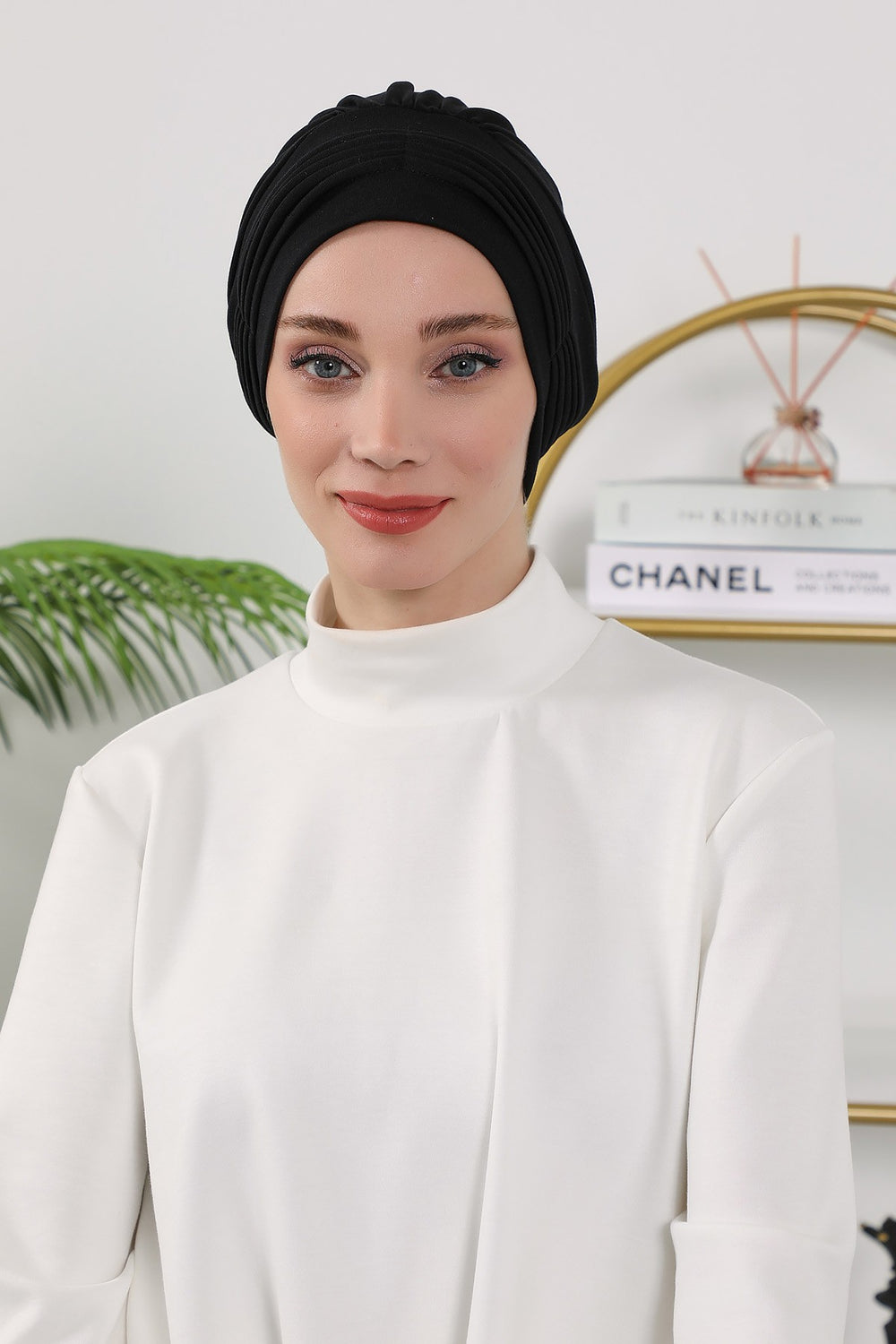Pleated Instant Turban Hijab for Women, Soft Double Face Fabric Ready to Wear Modest Head Cover,B-19O Black
