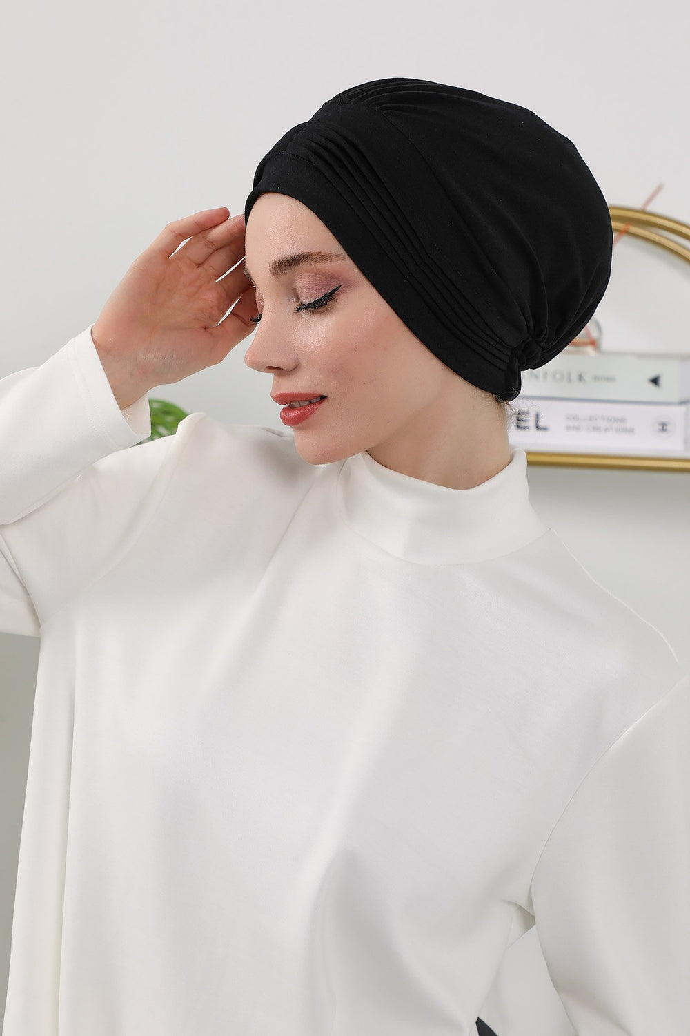 Pleated Instant Turban Hijab for Women, Soft Double Face Fabric Ready to Wear Modest Head Cover,B-19O Black
