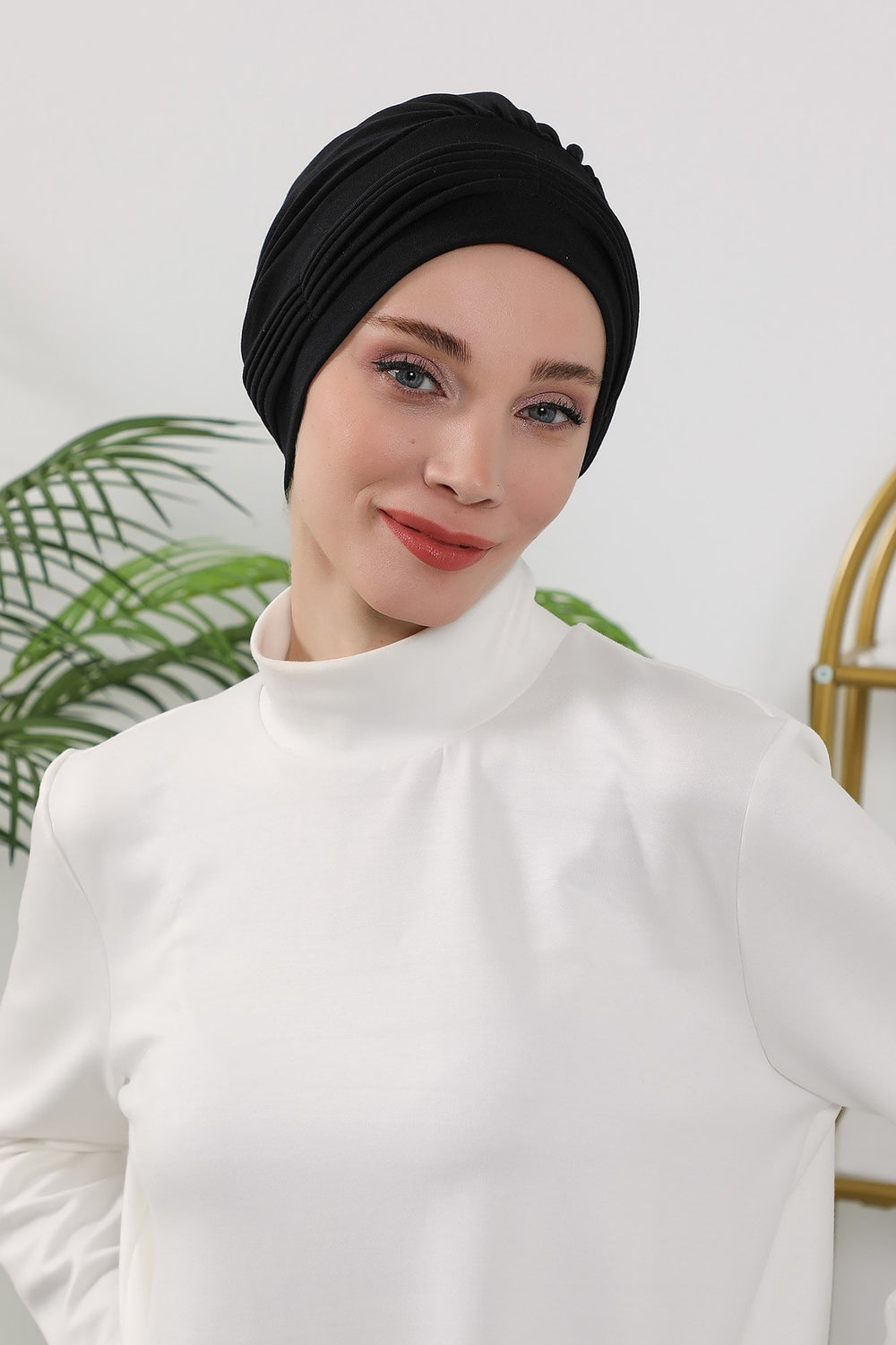 Pleated Instant Turban Hijab for Women, Soft Double Face Fabric Ready to Wear Modest Head Cover,B-19O Black