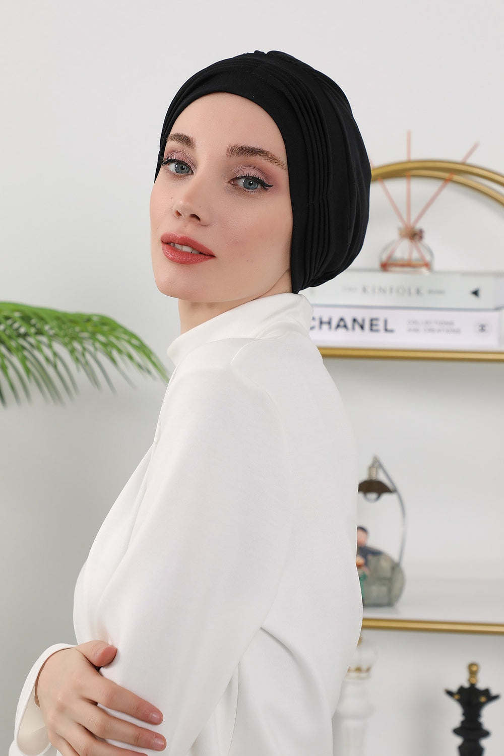 Pleated Instant Turban Hijab for Women, Soft Double Face Fabric Ready to Wear Modest Head Cover,B-19O Black