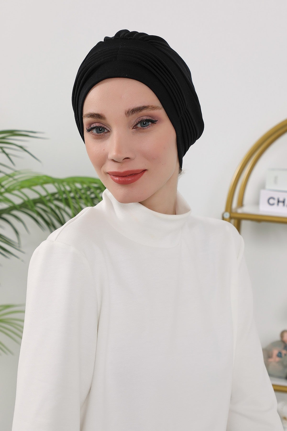 Pleated Instant Turban Hijab for Women, Soft Double Face Fabric Ready to Wear Modest Head Cover,B-19O Black