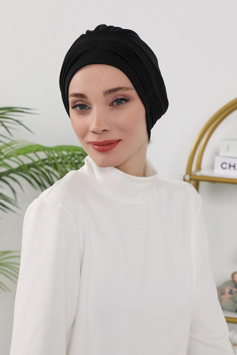 Pleated Instant Turban Hijab for Women, Soft Double Face Fabric Ready to Wear Modest Head Cover,B-19O Black