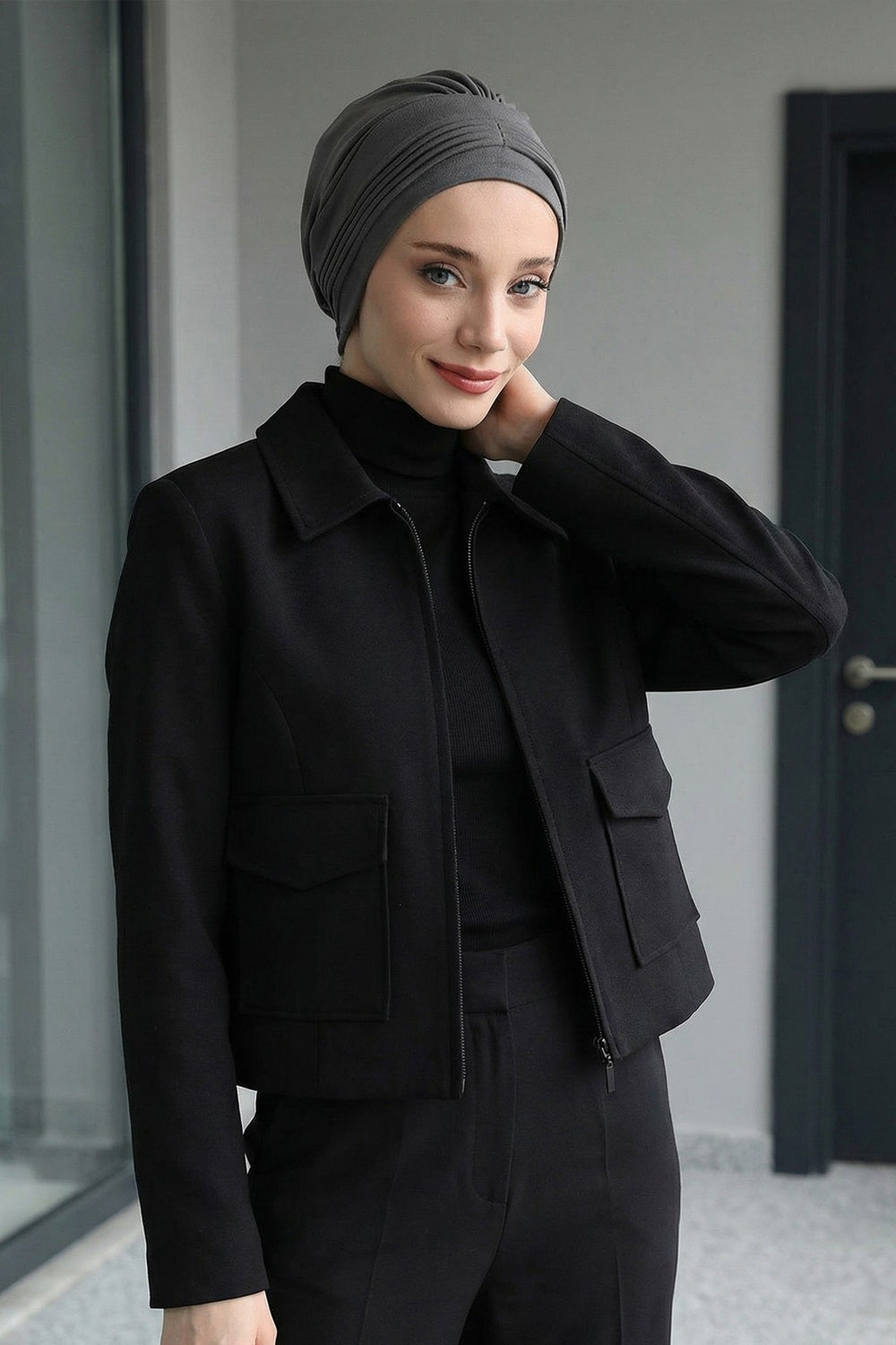 Pleated Instant Turban Hijab for Women, Soft Double Face Fabric Ready to Wear Modest Head Cover,B-19O Anthracite