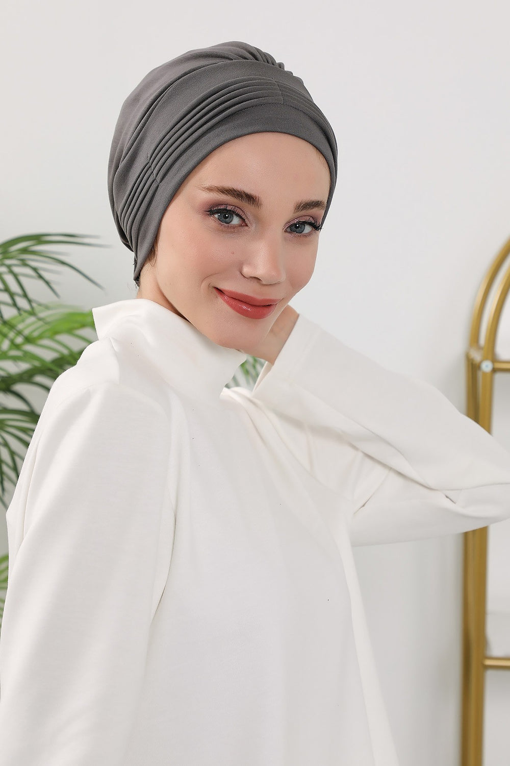 Pleated Instant Turban Hijab for Women, Soft Double Face Fabric Ready to Wear Modest Head Cover,B-19O Anthracite