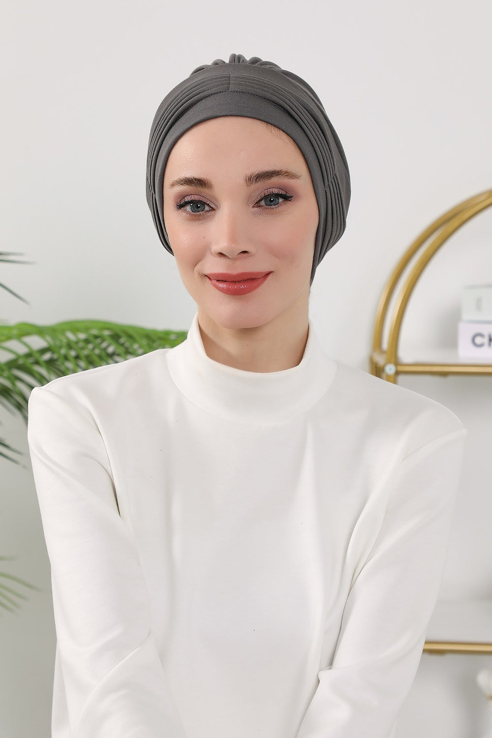 Pleated Instant Turban Hijab for Women, Soft Double Face Fabric Ready to Wear Modest Head Cover,B-19O Anthracite