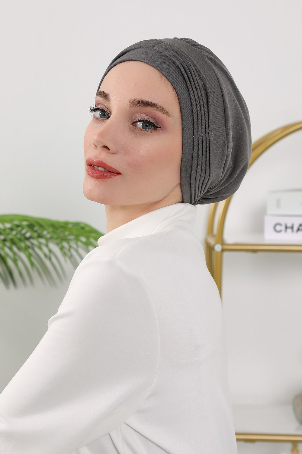 Pleated Instant Turban Hijab for Women, Soft Double Face Fabric Ready to Wear Modest Head Cover,B-19O Anthracite