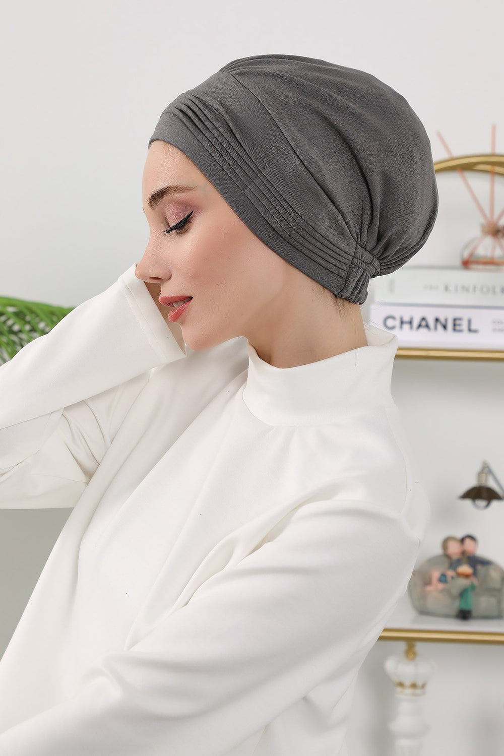 Pleated Instant Turban Hijab for Women, Soft Double Face Fabric Ready to Wear Modest Head Cover,B-19O Anthracite