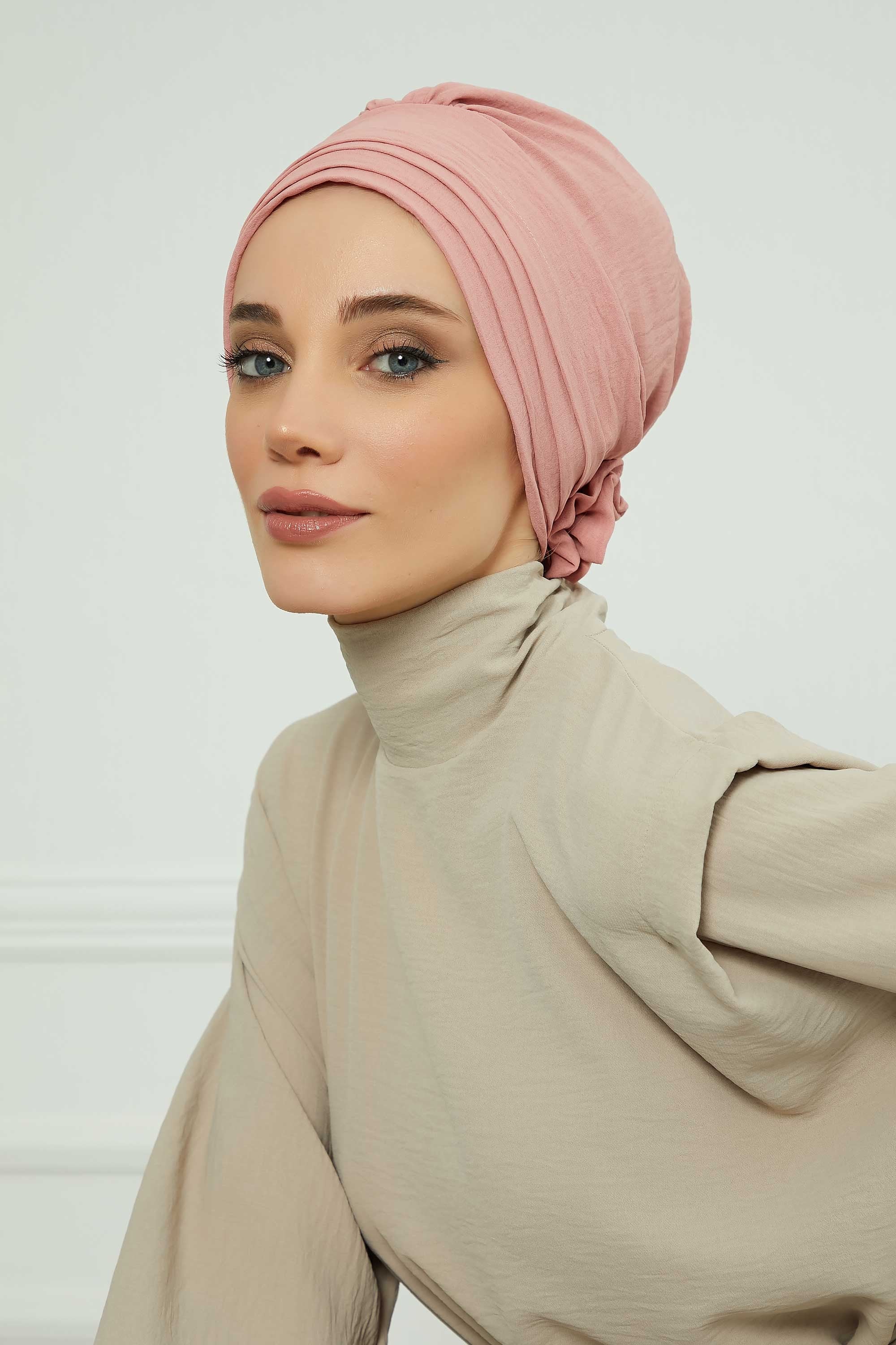 Pleated Instant Turban made from High Quality Aerobin Fabric, Wrinkle-Resistant Stylish Turban Hijab, Easy Wrap Chemo Bonnet Headwear,B-74A Pink