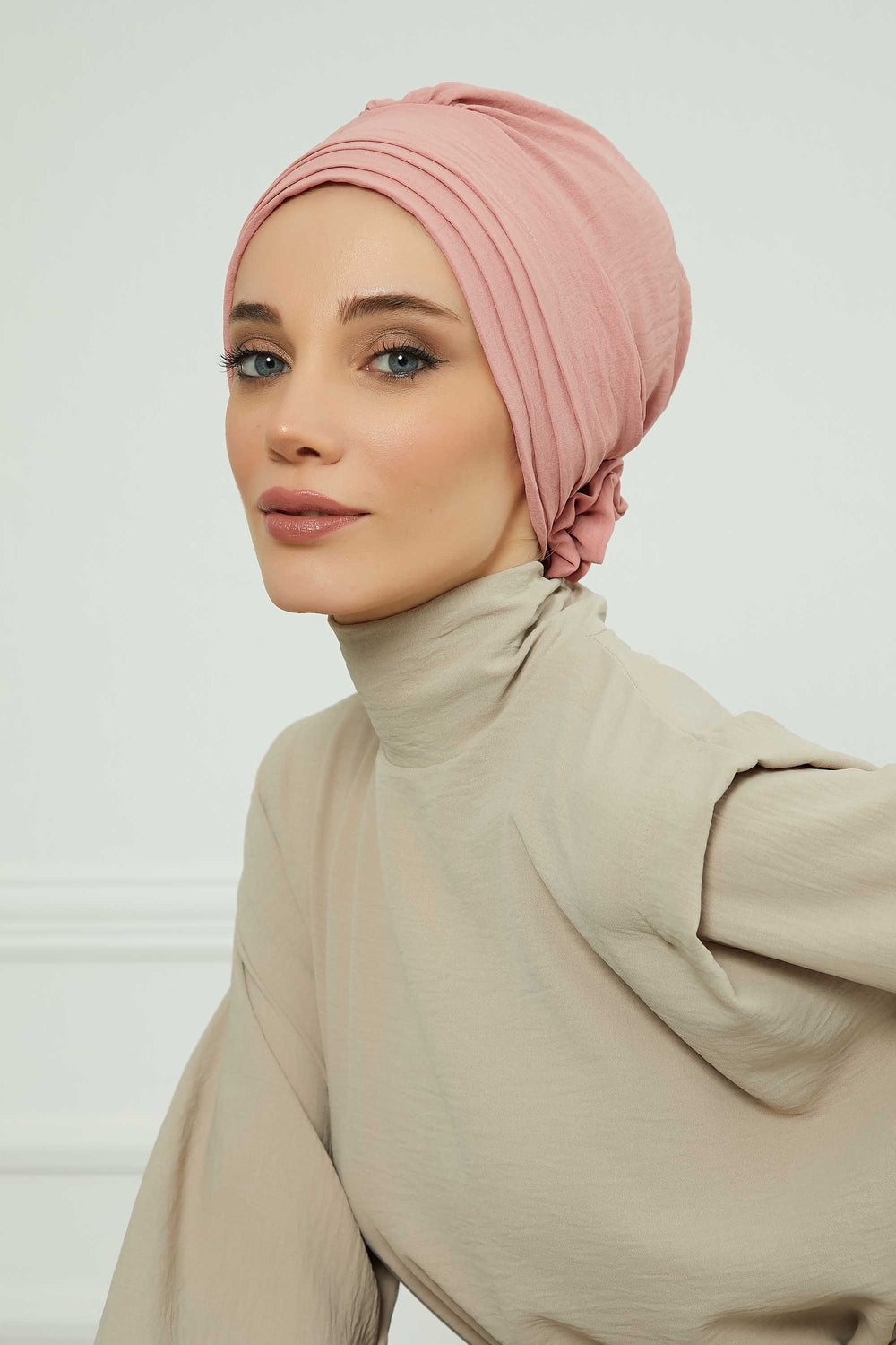 Pleated Instant Turban made from High Quality Aerobin Fabric, Wrinkle-Resistant Stylish Turban Hijab, Easy Wrap Chemo Bonnet Headwear,B-74A Pink
