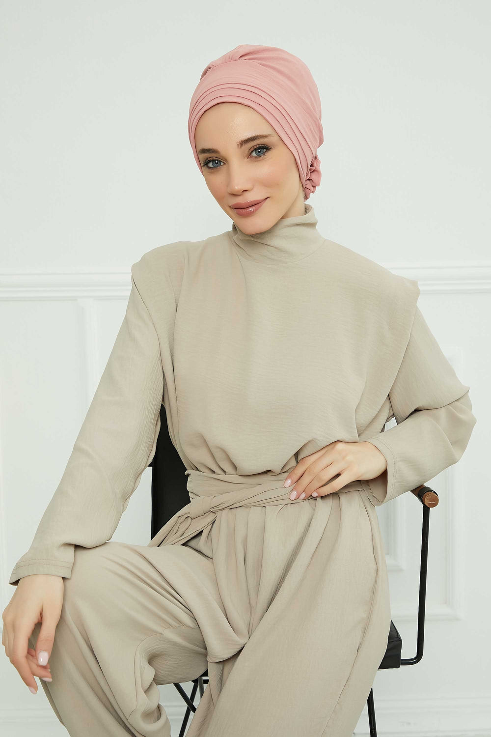 Pleated Instant Turban made from High Quality Aerobin Fabric, Wrinkle-Resistant Stylish Turban Hijab, Easy Wrap Chemo Bonnet Headwear,B-74A Pink