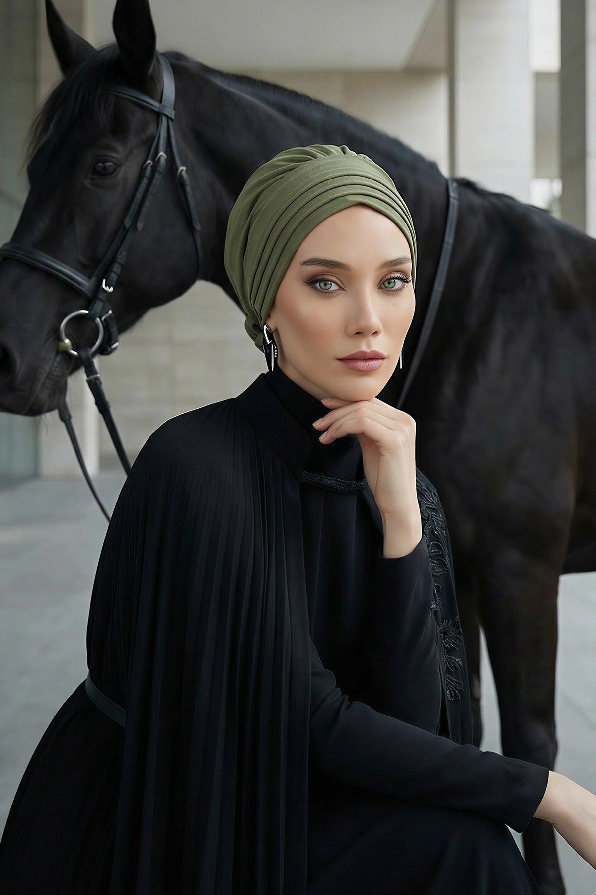 Pleated Instant Turban made from High Quality Aerobin Fabric, Wrinkle-Resistant Stylish Turban Hijab, Easy Wrap Chemo Bonnet Headwear,B-74A Army Green