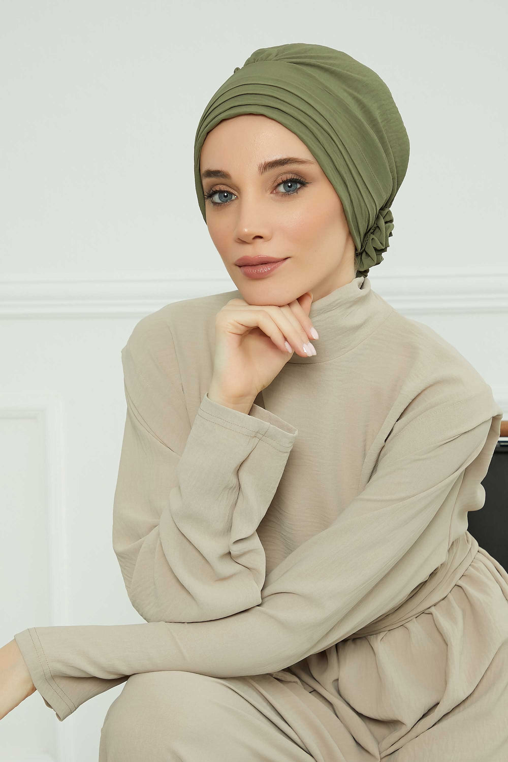 Pleated Instant Turban made from High Quality Aerobin Fabric, Wrinkle-Resistant Stylish Turban Hijab, Easy Wrap Chemo Bonnet Headwear,B-74A Army Green
