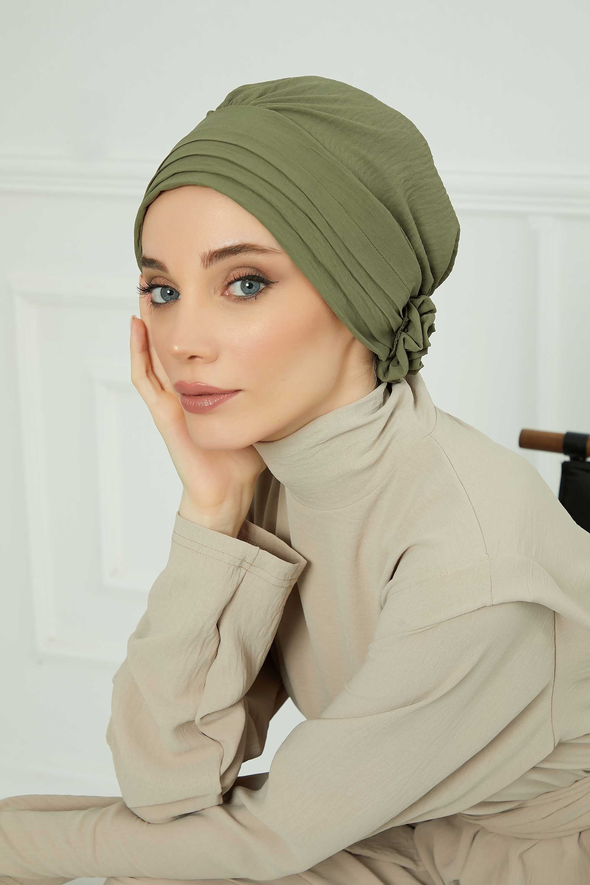 Pleated Instant Turban made from High Quality Aerobin Fabric, Wrinkle-Resistant Stylish Turban Hijab, Easy Wrap Chemo Bonnet Headwear,B-74A Army Green
