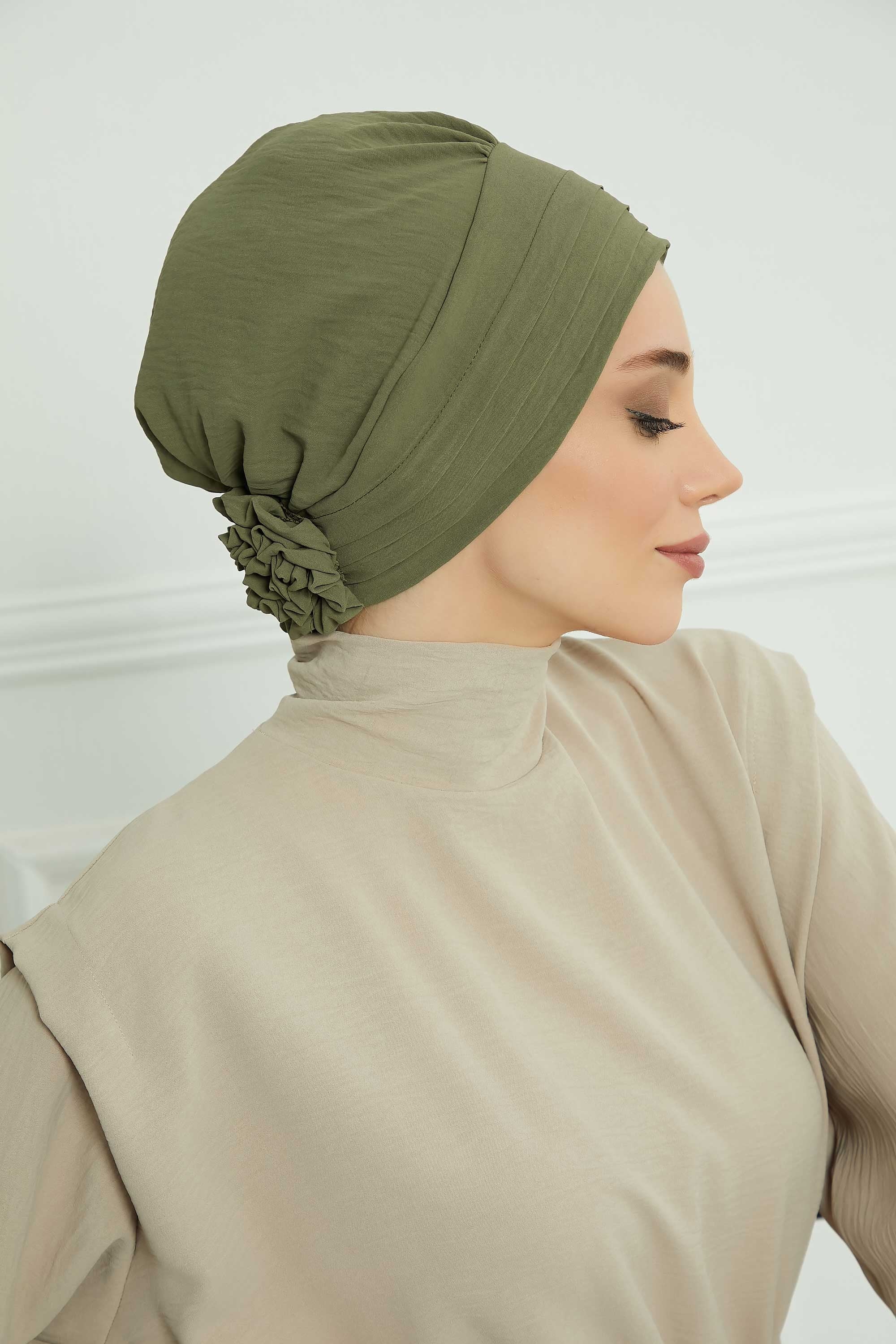 Pleated Instant Turban made from High Quality Aerobin Fabric, Wrinkle-Resistant Stylish Turban Hijab, Easy Wrap Chemo Bonnet Headwear,B-74A Army Green