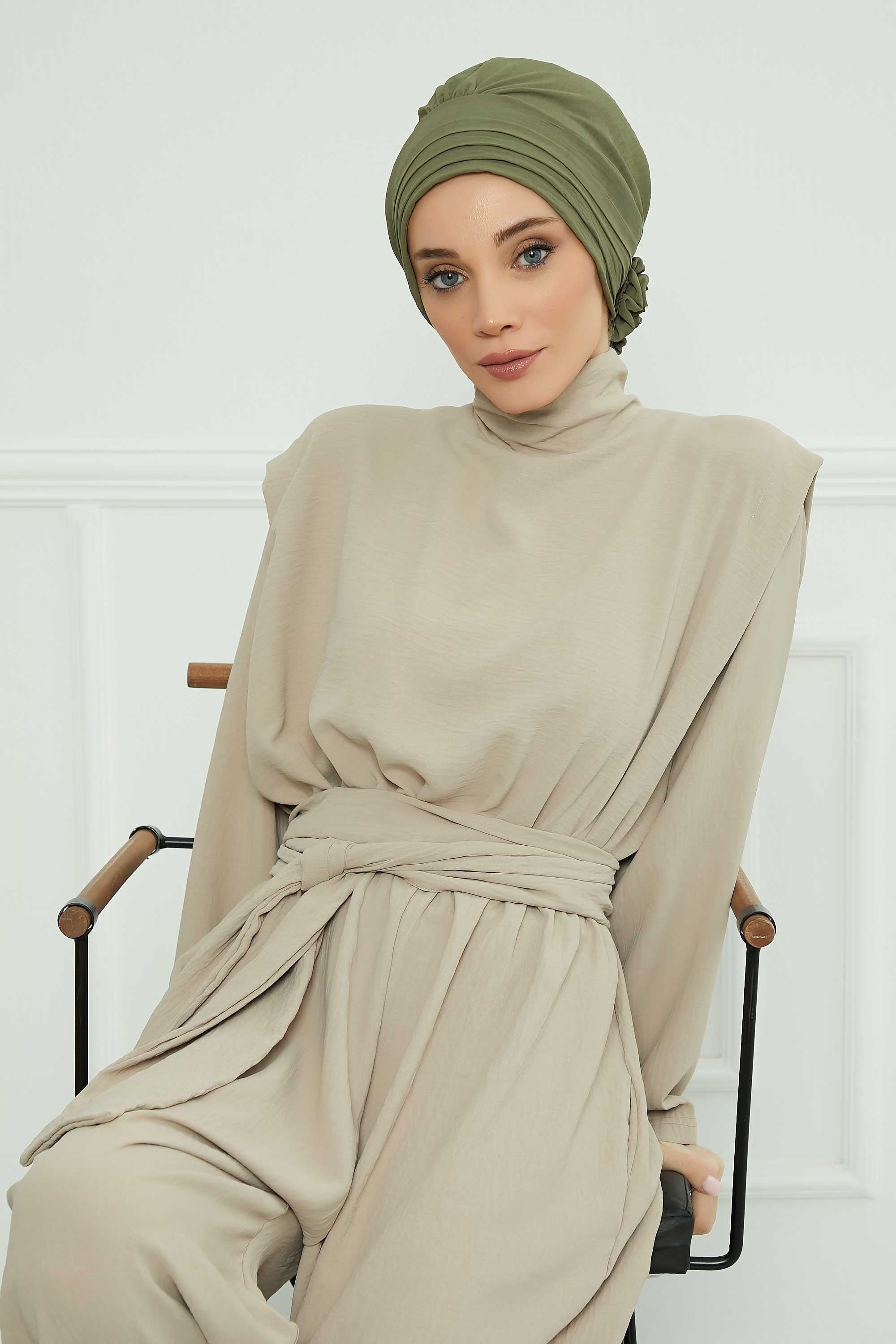 Pleated Instant Turban made from High Quality Aerobin Fabric, Wrinkle-Resistant Stylish Turban Hijab, Easy Wrap Chemo Bonnet Headwear,B-74A Army Green