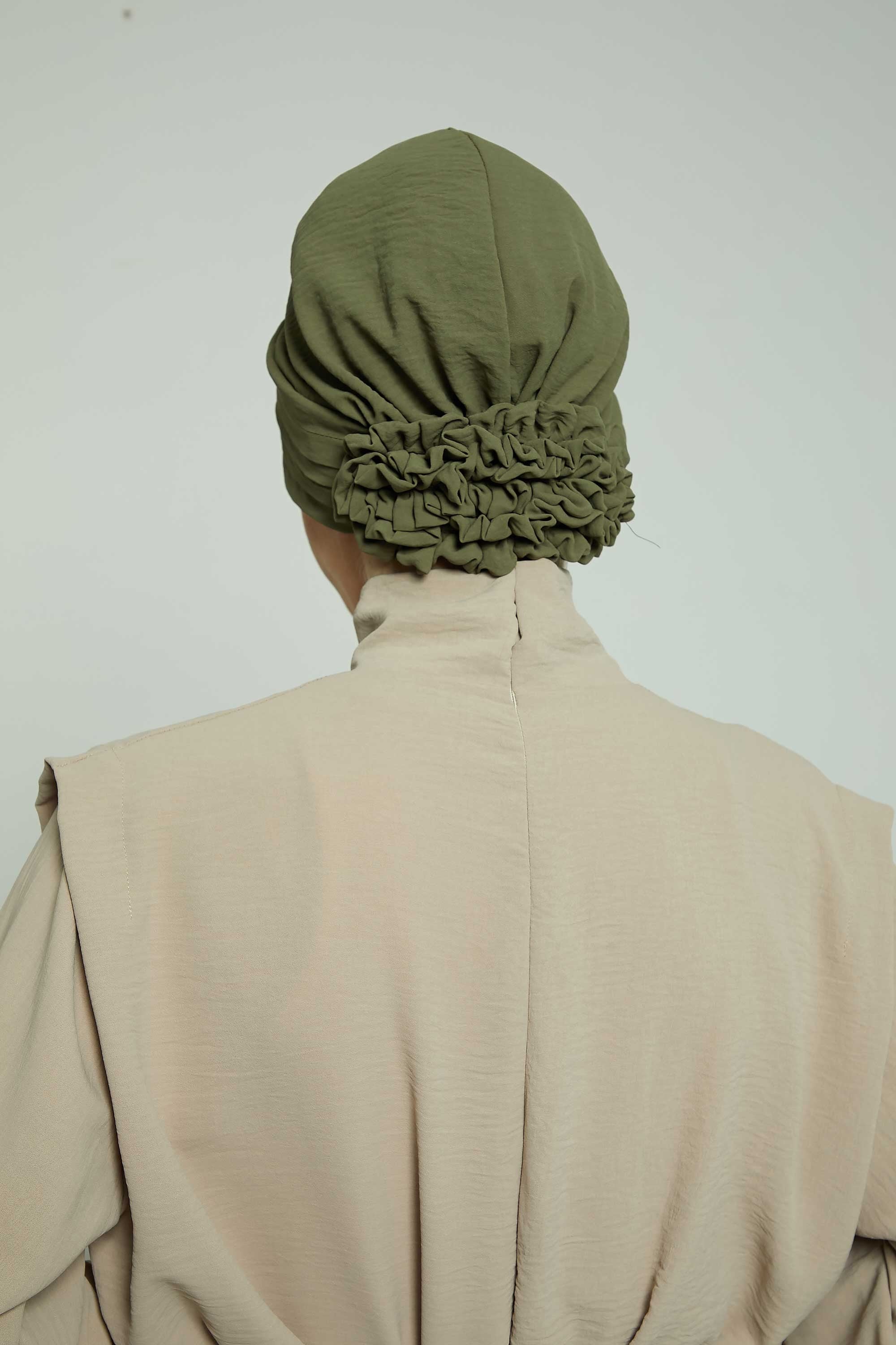 Pleated Instant Turban made from High Quality Aerobin Fabric, Wrinkle-Resistant Stylish Turban Hijab, Easy Wrap Chemo Bonnet Headwear,B-74A Army Green