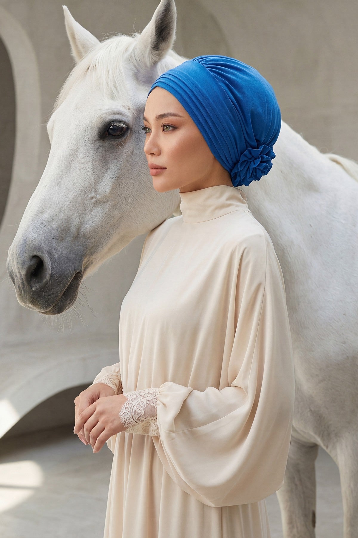 Pleated Instant Turban made from High Quality Aerobin Fabric, Wrinkle-Resistant Stylish Turban Hijab, Easy Wrap Chemo Bonnet Headwear,B-74A Blue