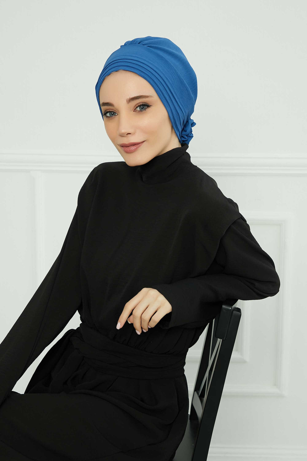 Pleated Instant Turban made from High Quality Aerobin Fabric, Wrinkle-Resistant Stylish Turban Hijab, Easy Wrap Chemo Bonnet Headwear,B-74A Blue