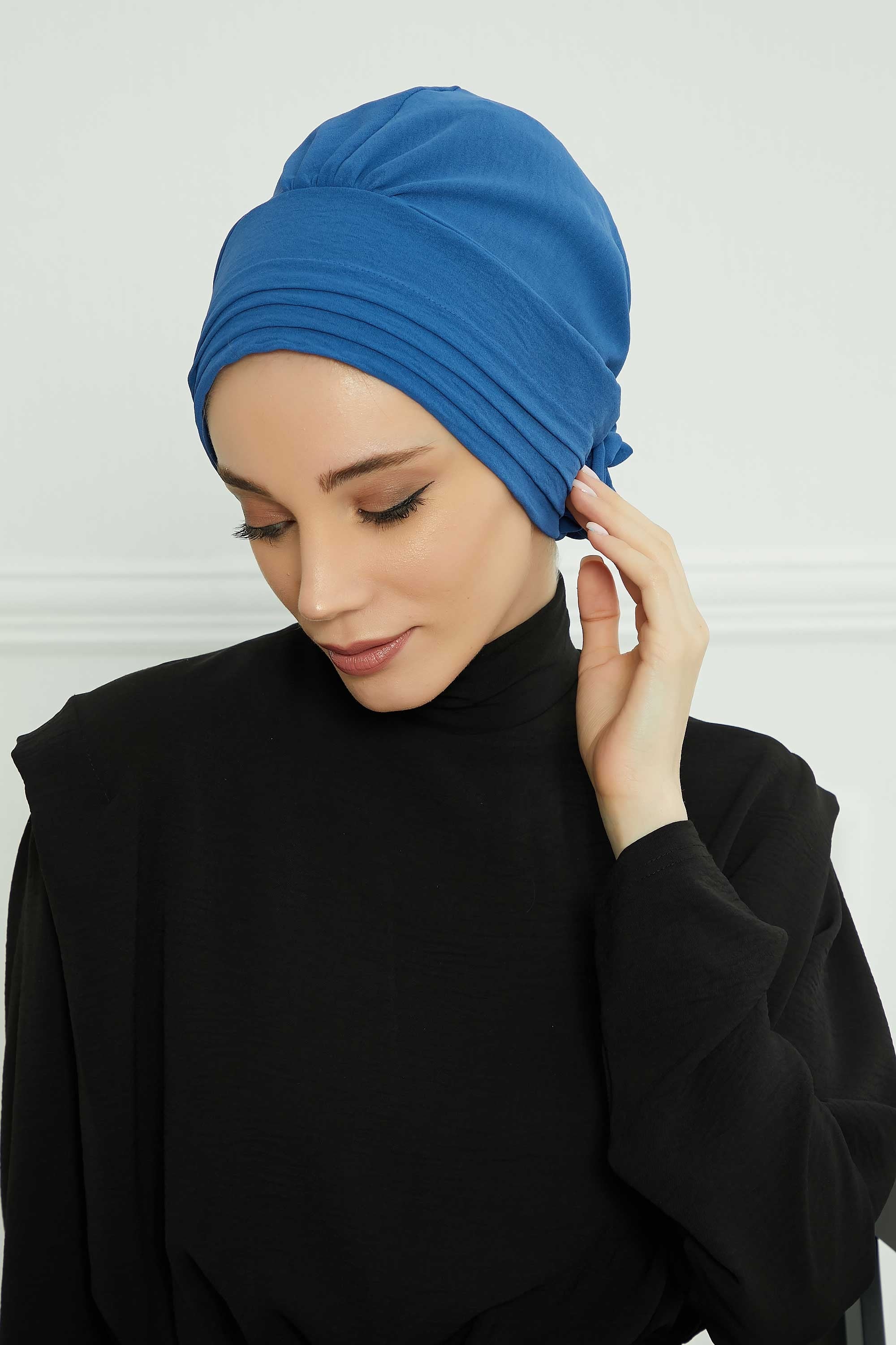 Pleated Instant Turban made from High Quality Aerobin Fabric, Wrinkle-Resistant Stylish Turban Hijab, Easy Wrap Chemo Bonnet Headwear,B-74A Blue