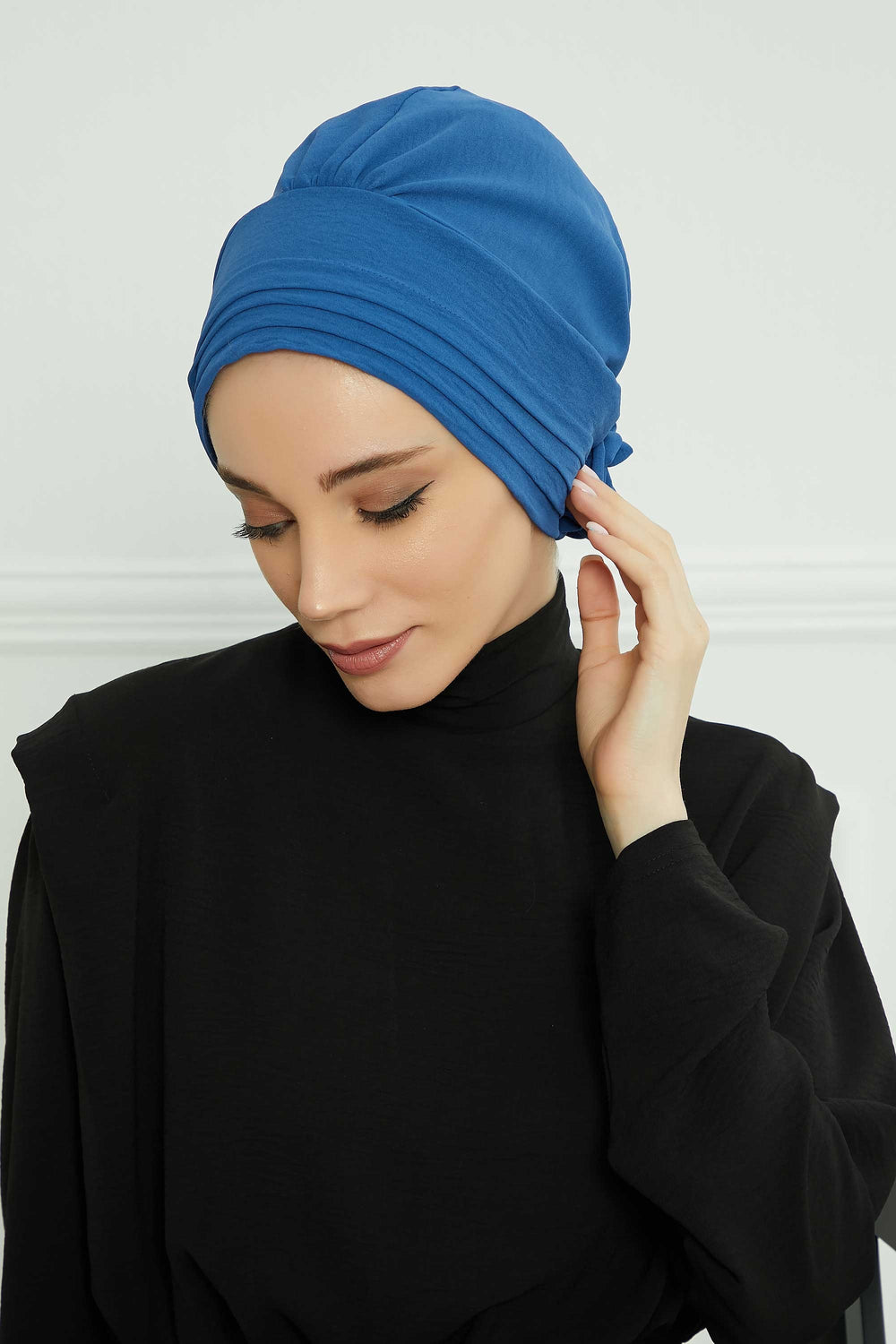 Pleated Instant Turban made from High Quality Aerobin Fabric, Wrinkle-Resistant Stylish Turban Hijab, Easy Wrap Chemo Bonnet Headwear,B-74A Blue