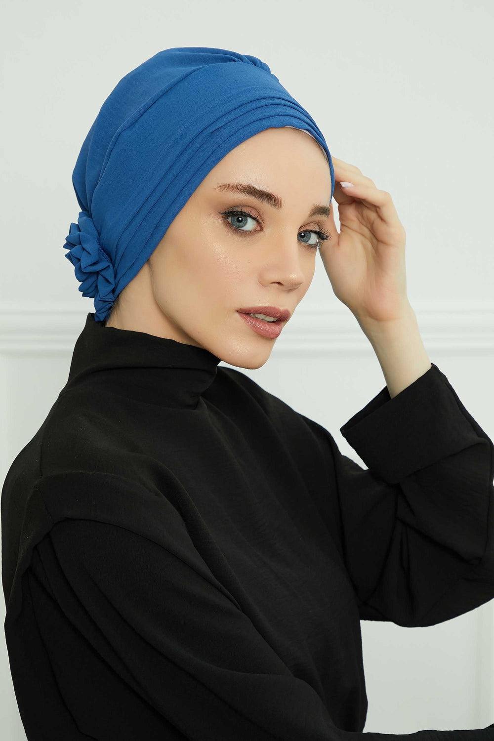 Pleated Instant Turban made from High Quality Aerobin Fabric, Wrinkle-Resistant Stylish Turban Hijab, Easy Wrap Chemo Bonnet Headwear,B-74A Blue