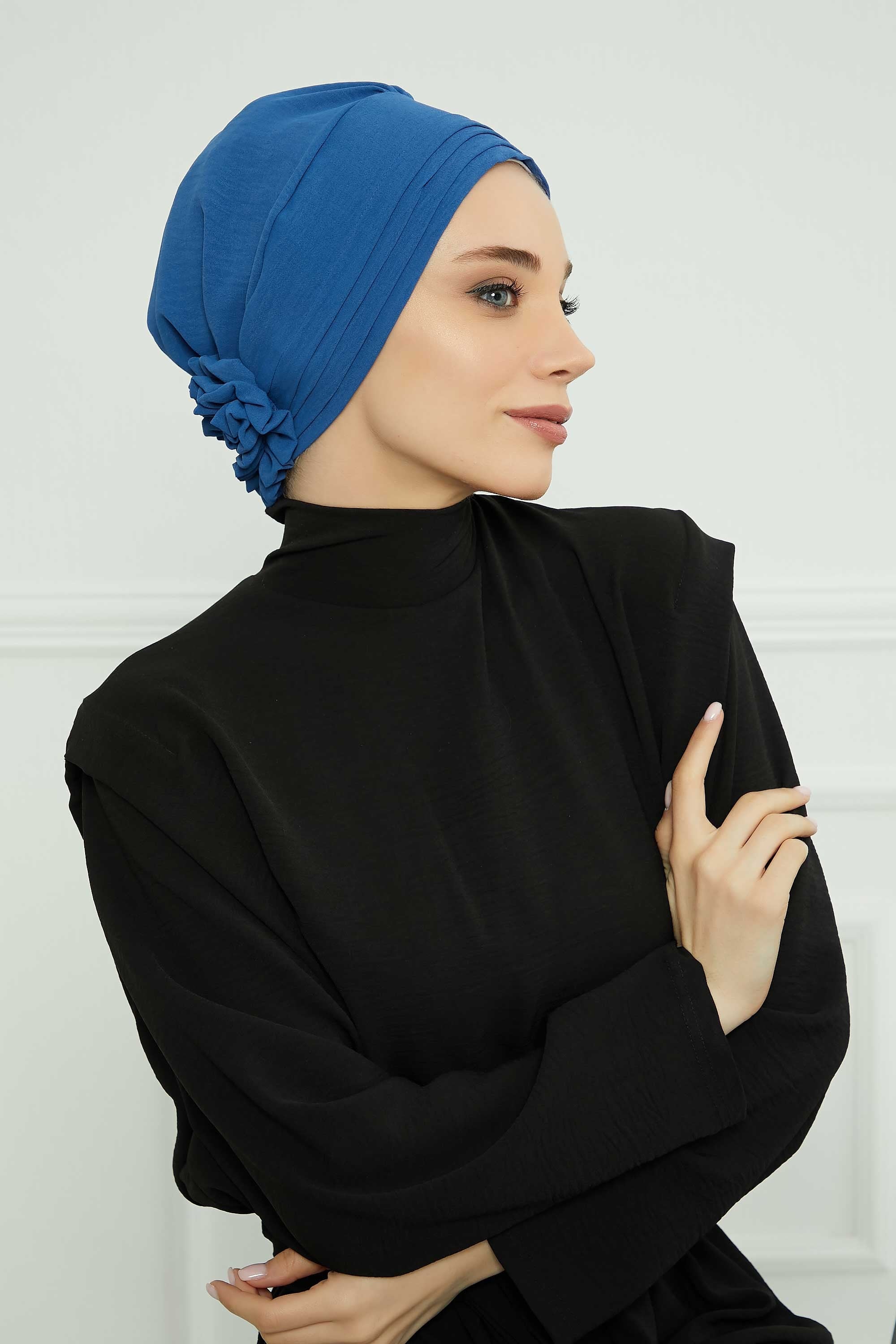 Pleated Instant Turban made from High Quality Aerobin Fabric, Wrinkle-Resistant Stylish Turban Hijab, Easy Wrap Chemo Bonnet Headwear,B-74A Blue