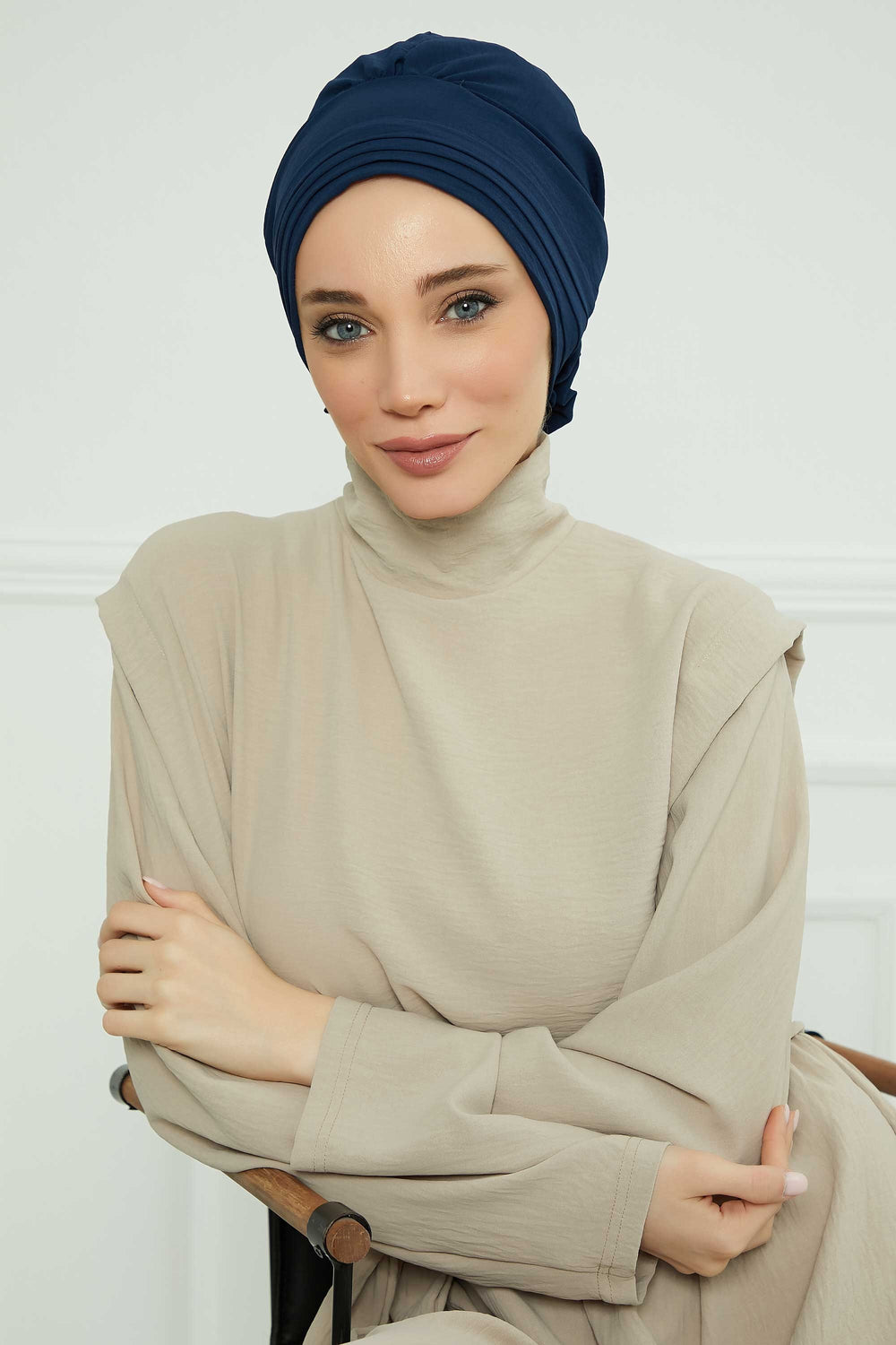 Pleated Instant Turban made from High Quality Aerobin Fabric, Wrinkle-Resistant Stylish Turban Hijab, Easy Wrap Chemo Bonnet Headwear,B-74A Navy Blue